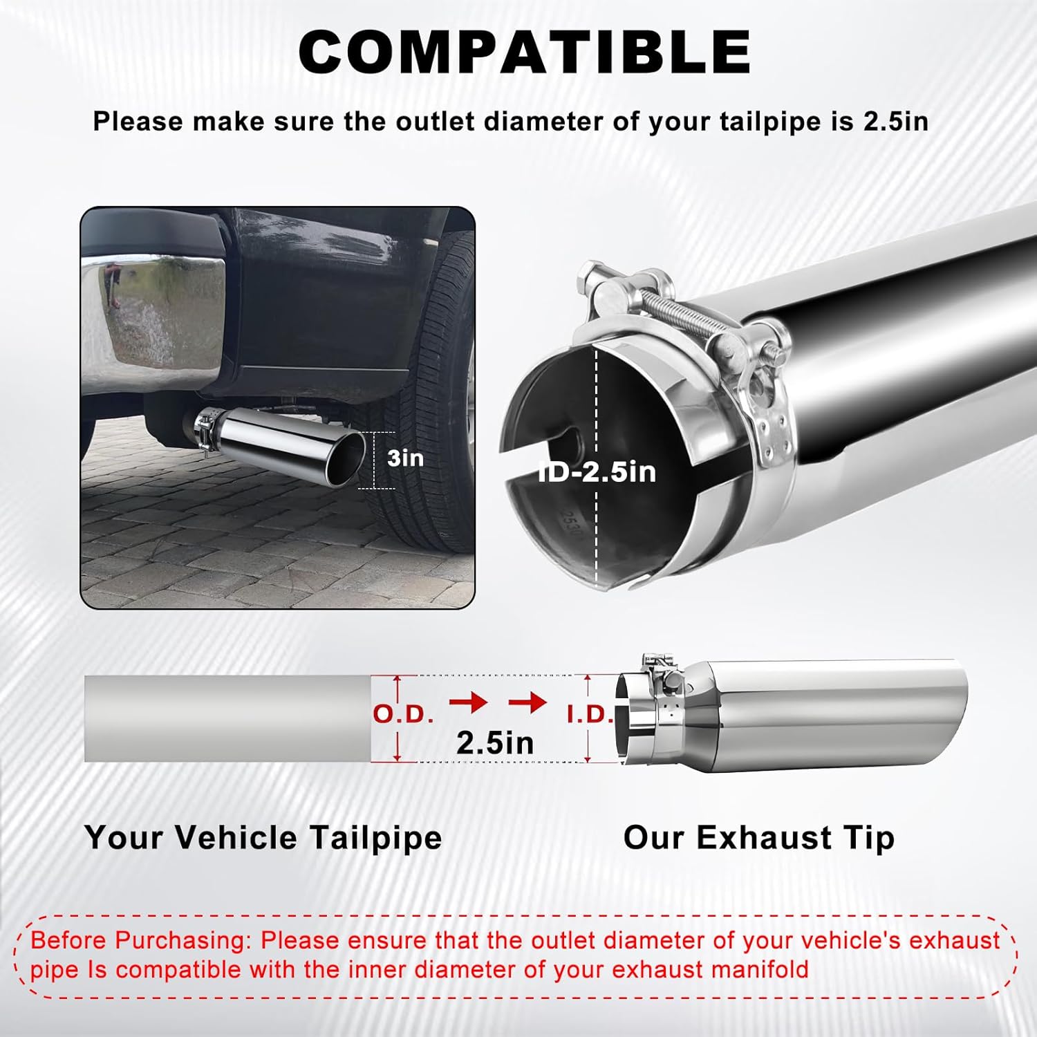 Mupera Universal 2.5 Inch Inlet Exhaust Tip, 3" Outlet, 12" Long Silver Professional Tail Pipe Exhaust Tip with Bolt On, for all 2.5 Inch Outside Diameter Exhaust Tips