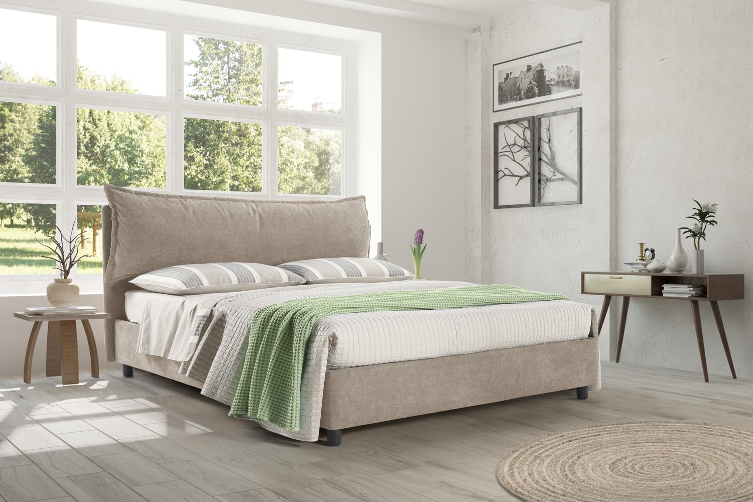 EVERGREENWEB Letto Matrimoniale con Contenitore 160x195 cm, Elegante Struttura Letto Imbottita, Rete a doghe in Legno Inclusa, Moderna Testiera Rivestimento SFODERABILE Tessuto Tortora, Modello ARLES