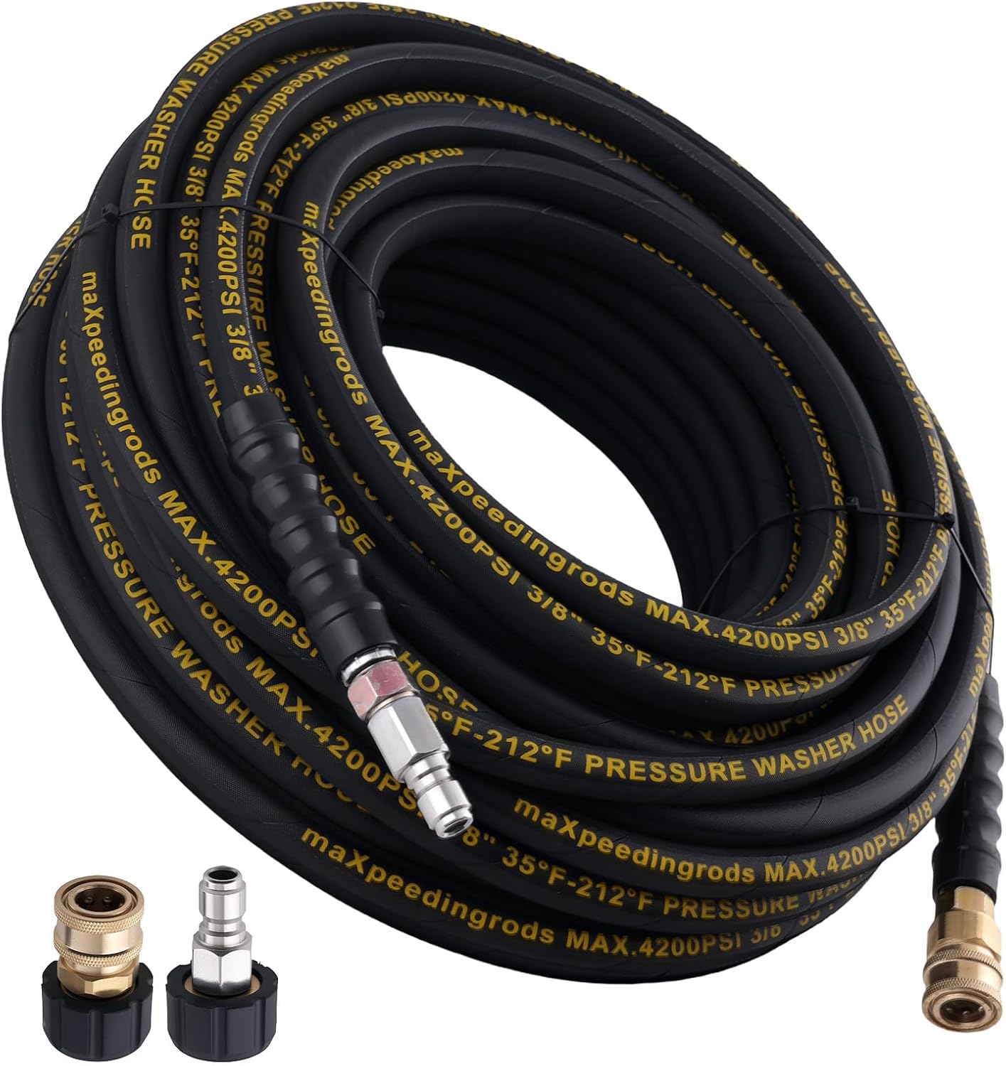 maXpeedingrods Pressure Washer Hose 100FT x 3/8", Kink Resistant High Tensile Wire Power Washer Hose, Replacement Hose Adapter Set with 2pcs M22-14mm to 3/8" Adapters for Professional Home, 4200PSI