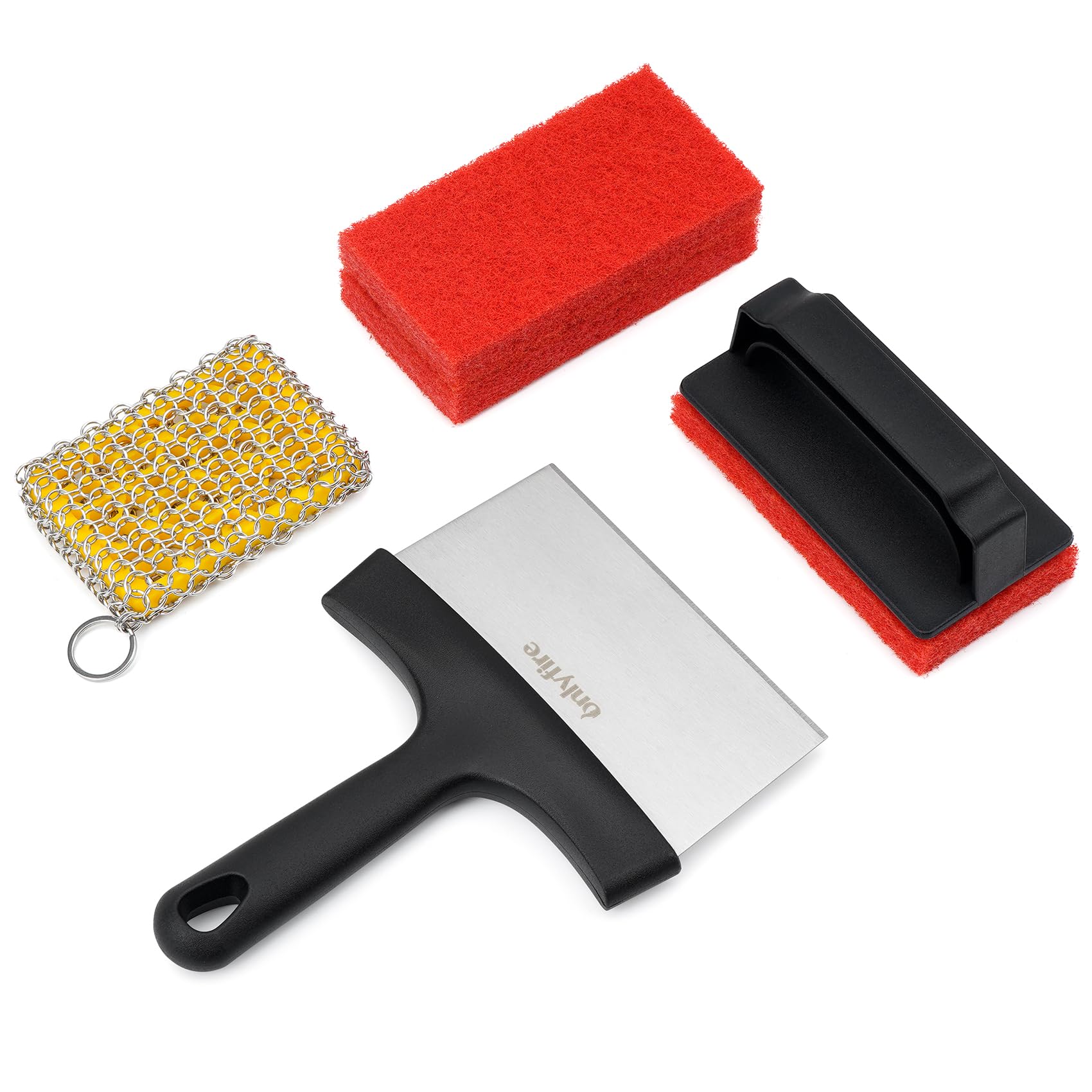 onlyfire Kit de Limpieza de Parrilla, 3 Estropajos, Un Mango, Limpiador de Hierro Fundido y Rascador de Barbacoa, Kit de Limpieza de Barbacoas para Plancha, Parrilla y Ollas de Hierro Fundido