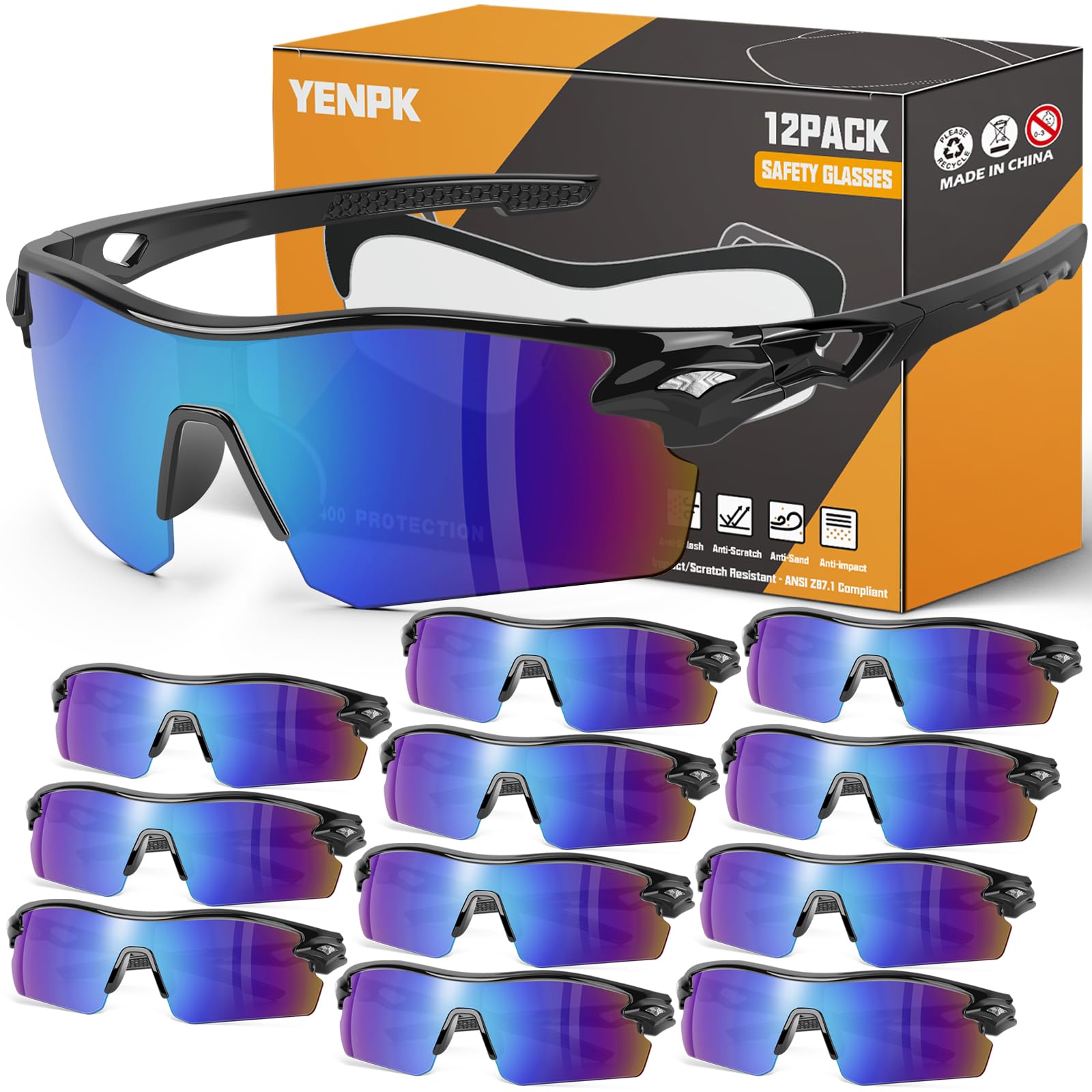 ANSI Z87.1+ Lunettes de sécurité UV résistantes aux chocs et aux rayures pour homme et femme (lot de 12)