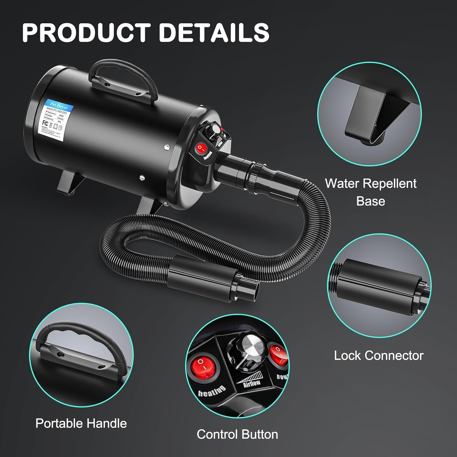 Nova Microdermabrasion High Velocity Pet Hair Force Dryer, Professional Pet Grooming Blower with 3 Nozzles Heater Air Speed for Grooming