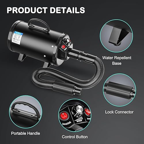 Miniatura 3 de Secador de pelo de perro de alta velocidad para mascotas, 3.2 HP sin continuo y de velocidad ajustable para el cuidado del perro, secador de pelo