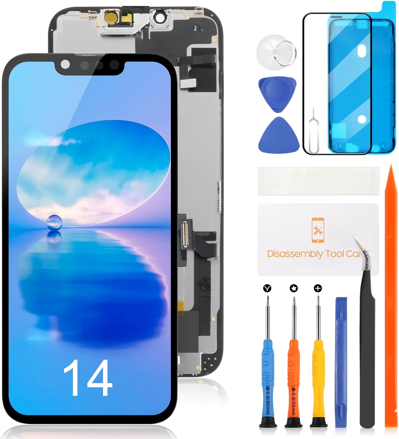 for iPhone 14 OLED Screen Replacement 6.1" Display Assembly with Proximity Sensor Flex Cable Touch Digitizer Repair Kit A2649 A2881 A2884 A2883 A2882 (Hard OLED, Same Notch Size)
