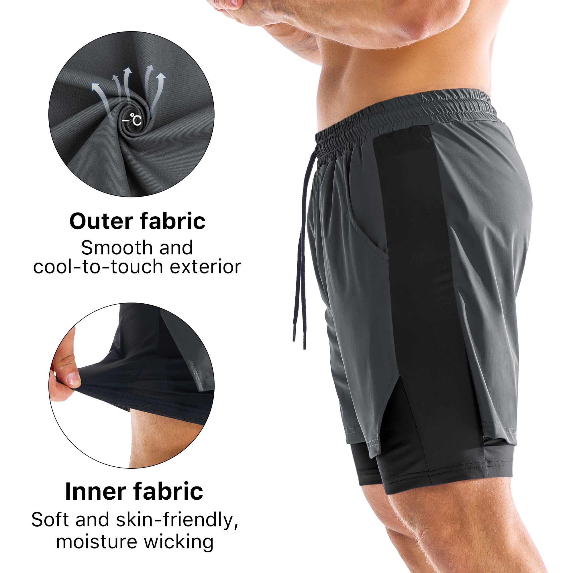 BROKIG Pantalones cortos de gimnasio para hombre, ligeros, para correr, entrenamiento, tenis, ejercicio, con bolsillo con cremallera