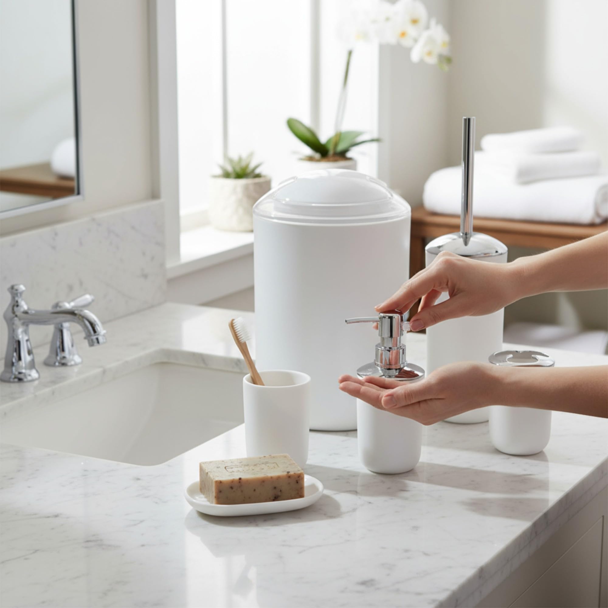 GMMH – Set di 6 accessori da bagno, con dispenser per sapone, porta saponetta e scopino per WC (modello 3, bianco)
