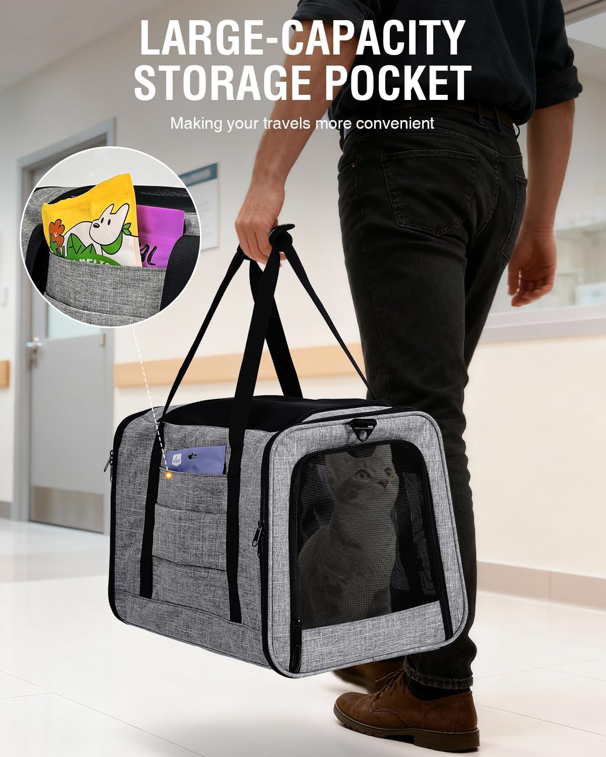 PETUX Large Pet Carrier for Large Cats ＆ Small Dogs - Up to 20Lb, Top and Side Entry, 4 Side Breathable, Foldable Soft Cat Travel Carrier with Safety Car Seat Buckle and Anti-Scratch Mesh - Grey