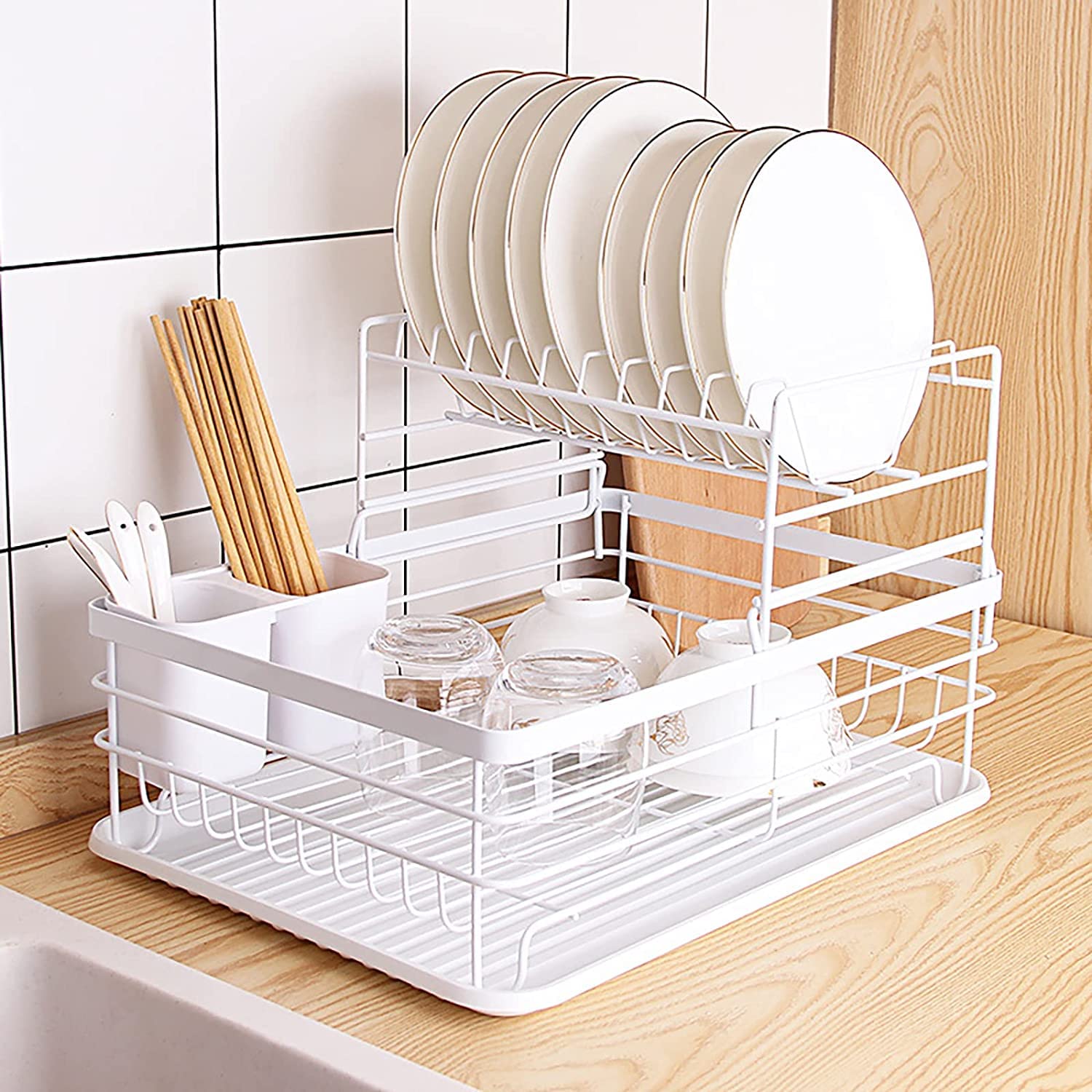 WENBO Home Dish Drying Rack Double Layer Dish Drainer with Utensil Holder Drainboard for Kitchen Counter (White)