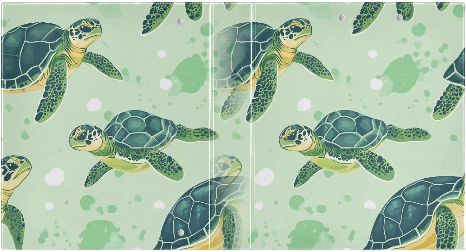 QUGRL 3 Ring Binder 1.5 Inch Cute Sea Green Turtle Pattern Three Ring Binder Organizer with Clipboard 3 PVC Pockets, Round Rings Holds 200 Sheets Fits A4 Size Paper, Clear View,