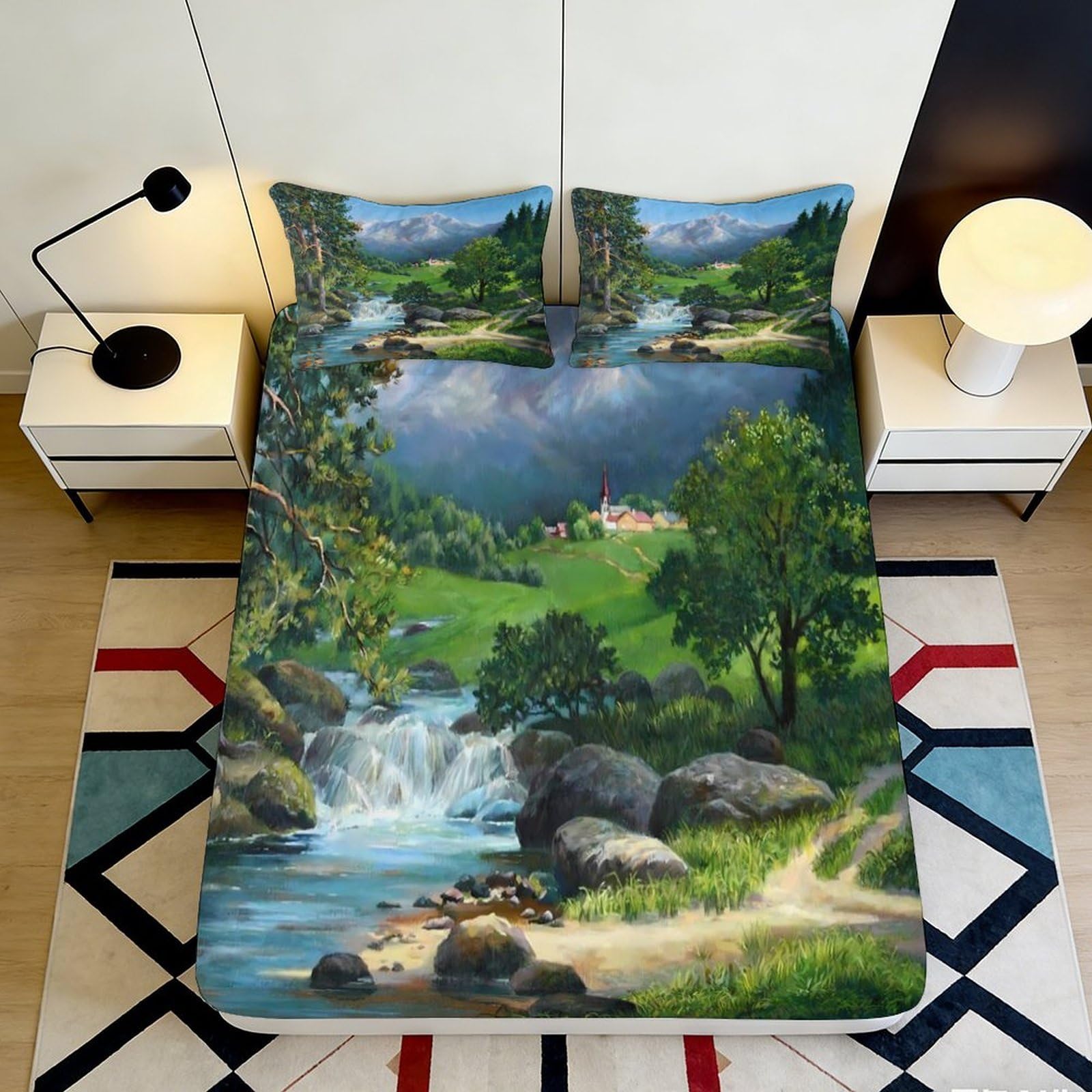 3D Printed Landscape River Fitted Sheet Microfiber Soft Breathable Forest Lake Bed Cover for Bedroom Decor 90x200x25cm