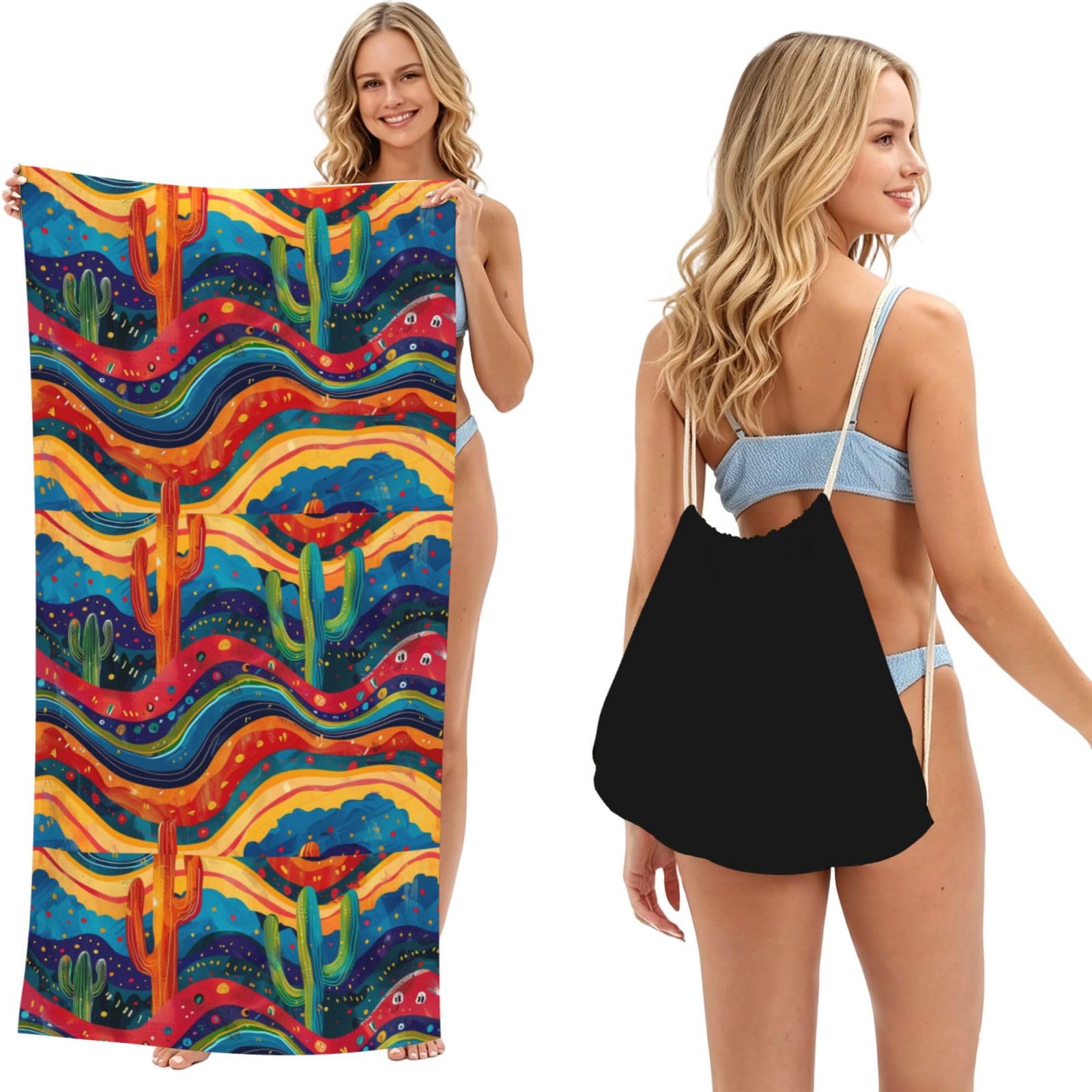 SKGOHLH Mysterious cactus wave pattern 2in1 Packable Beach Towel Bag Women