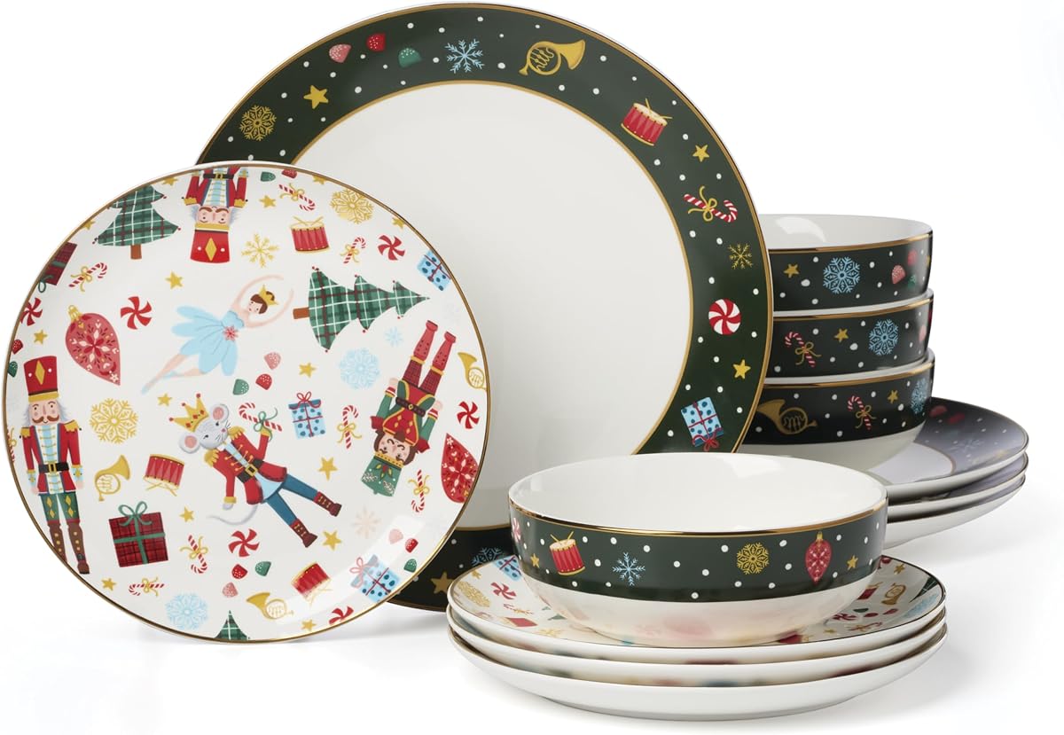 Juego de vajilla navideña de porcelana de 12 piezas con ballet Cascanueces para 4 | cerámica, apto para lavavajillas | juegos de platos y cuencos para cocina y comedor | Juego de platos y platos de 10,75 pulgadas