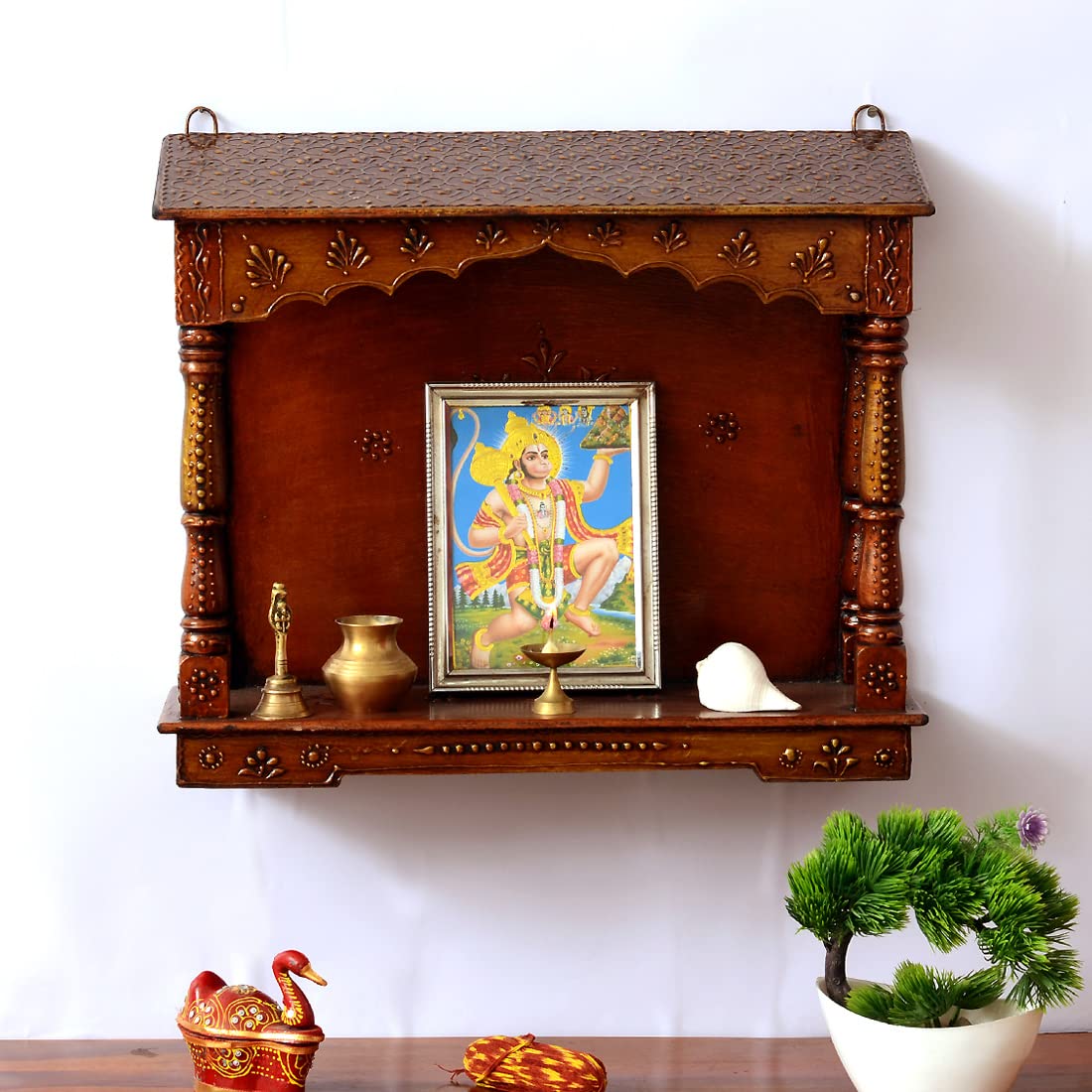 Medieval Arts Wooden Hanging Temple for Home | Wall Mount Pooja Mandir Hut Style | Small Wooden Mandir for Wall | Handcrafted Pooja Ghar |(Color: Copper,Size: 19 x 6 x16 inch)