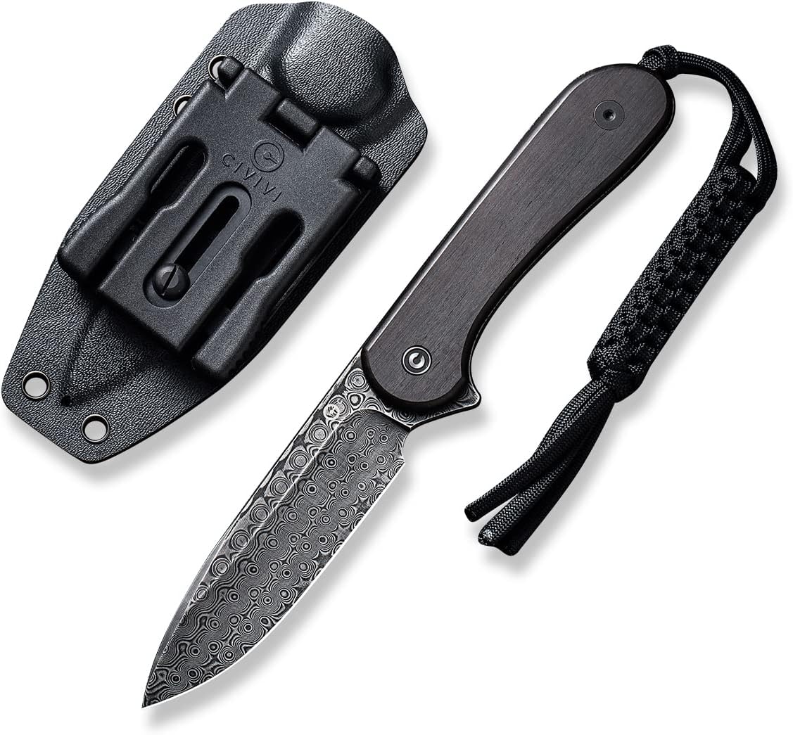Fixed Blade Elementum Knife 3.98" Damascus Blade, Black Ebony Wood Handles, Belt Knife with Kydex Sheath, Tied Paracord Lanyard, Clip for Outdoor EDC C2105-DS1