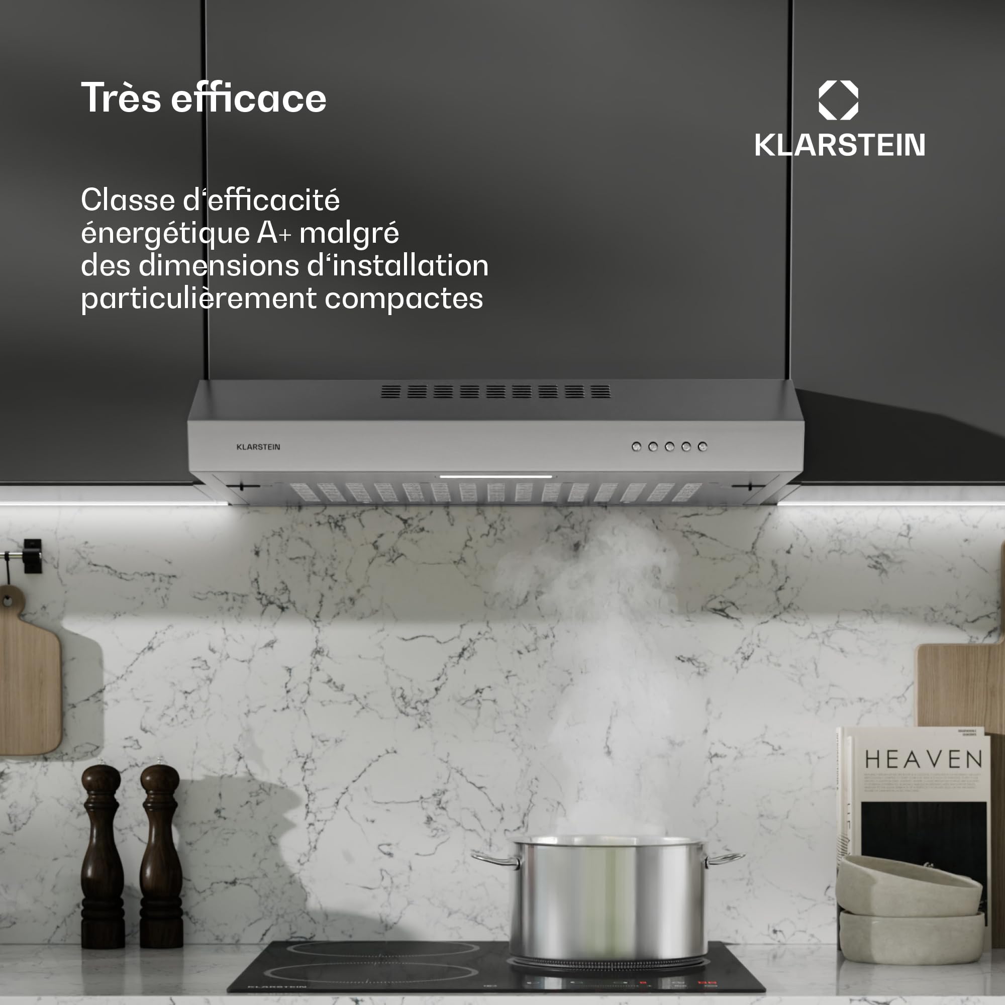 Klarstein SlimVent Hotte Aspirante, 60 cm Hotte de Cuisine Gain de Place, 178 m³/h, Énergie A+, Silencieuse 52 dB, LED, Filtre à Charbon, à Tiroir, Argent