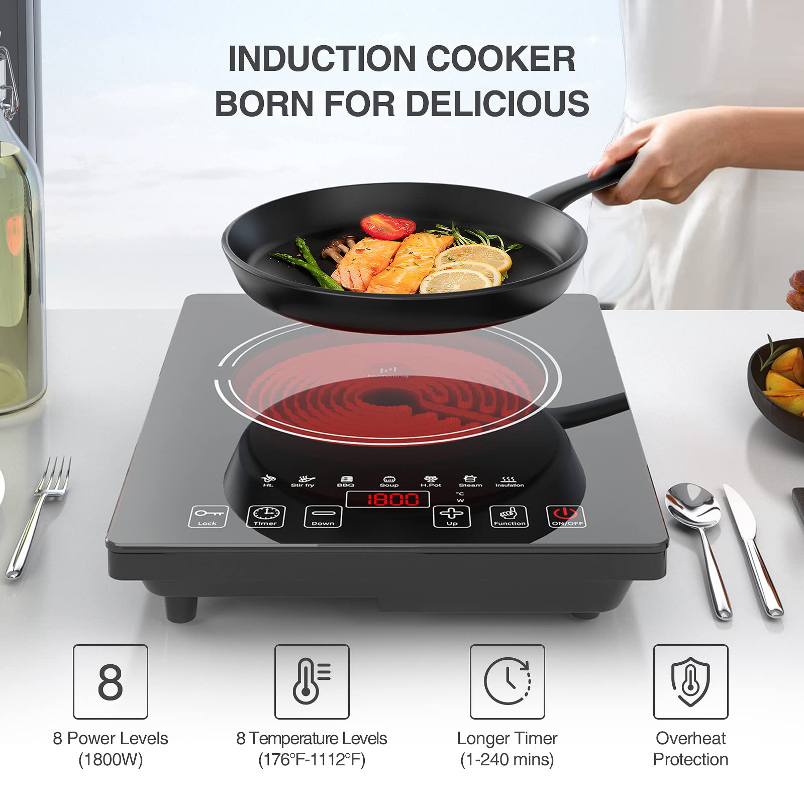 Placa de cocina eléctrica, estufa eléctrica portátil de 1800 W con pantalla táctil LED, 8 niveles de potencia y 8 niveles de temperatura, temporizador, placa caliente de 110 V-120 V para campamento en 9