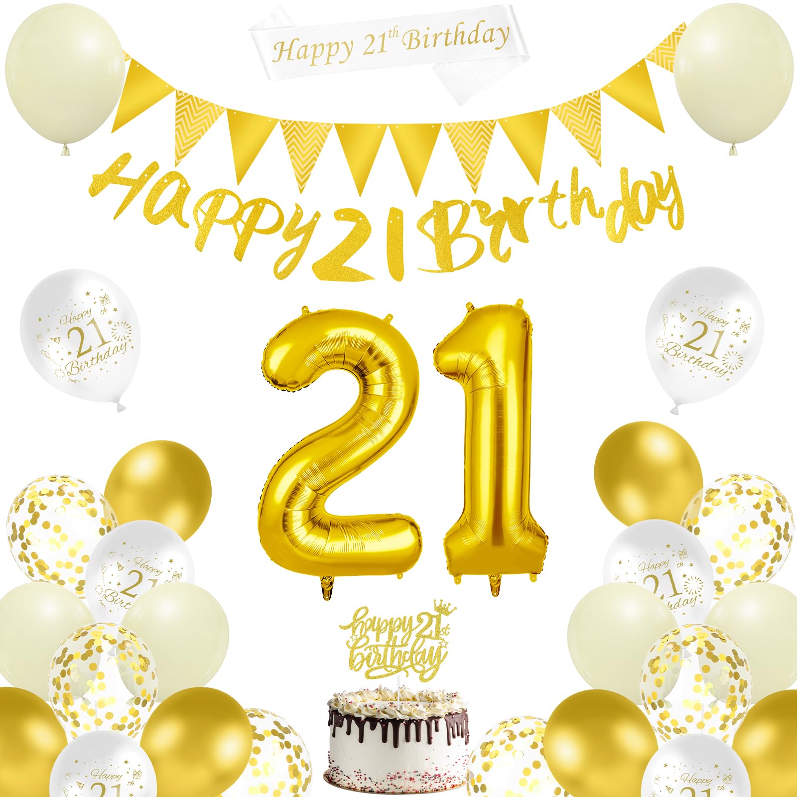 AUAUY 21st Birthday Decorations, Sand White Gold Balloon Decoration Set, Including Happy 21st Birthday Banner, Balloons, Sash, Bunting Flags, Cake Topper, Ribbon for 21st Party Decor — image 1