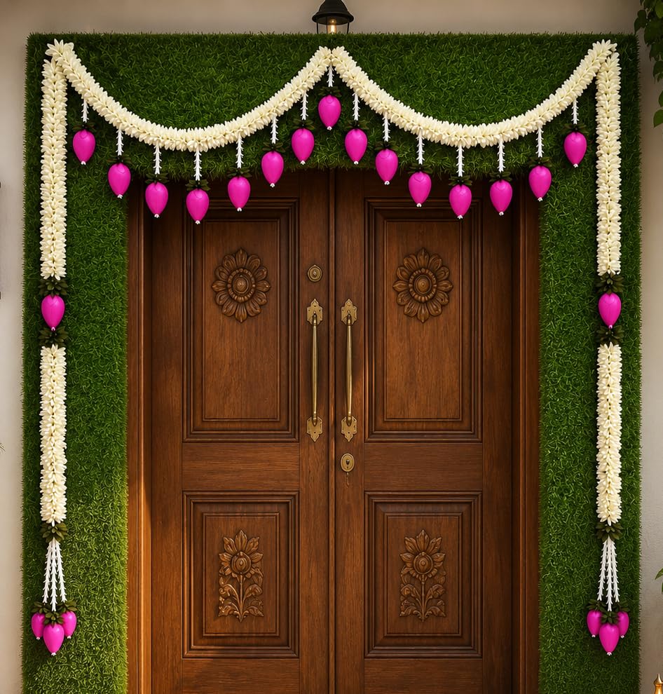 Image of iHandikart Handmade Gajra Lotus Bud Toran for Entrance 48 x 48 Inch | Artificial Flower Bandarwal | Decorative Garland for Home Decor, Pooja Room, Diwali, Wedding, Housewarming & Festive Decoration