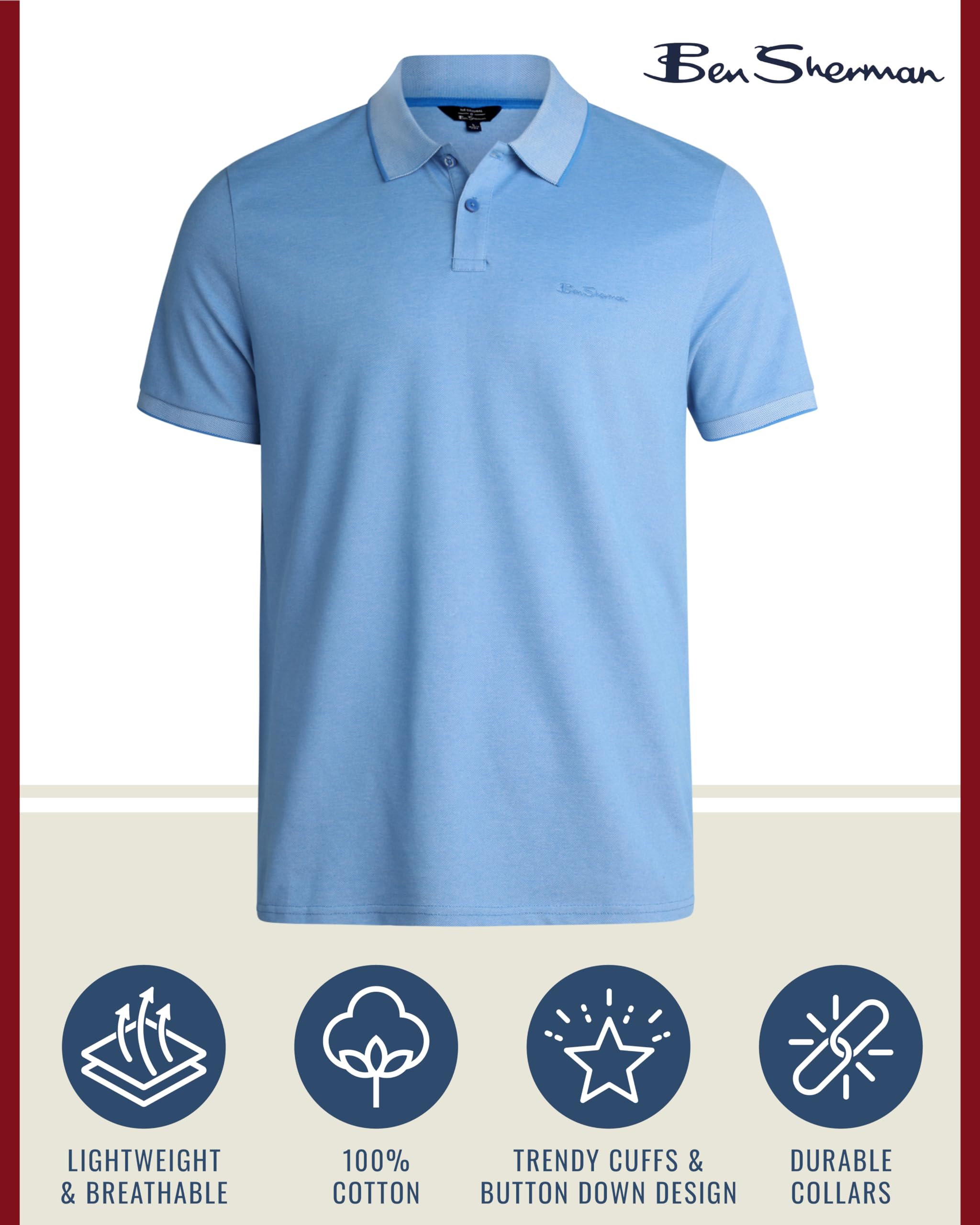 Ben Sherman Men's Polo Shirts - Regular Fit 2-Button Cotton Short Sleeve Work Shirts - Polo Shirts for Men (Sizes: S-XL), Size Medium, Marina