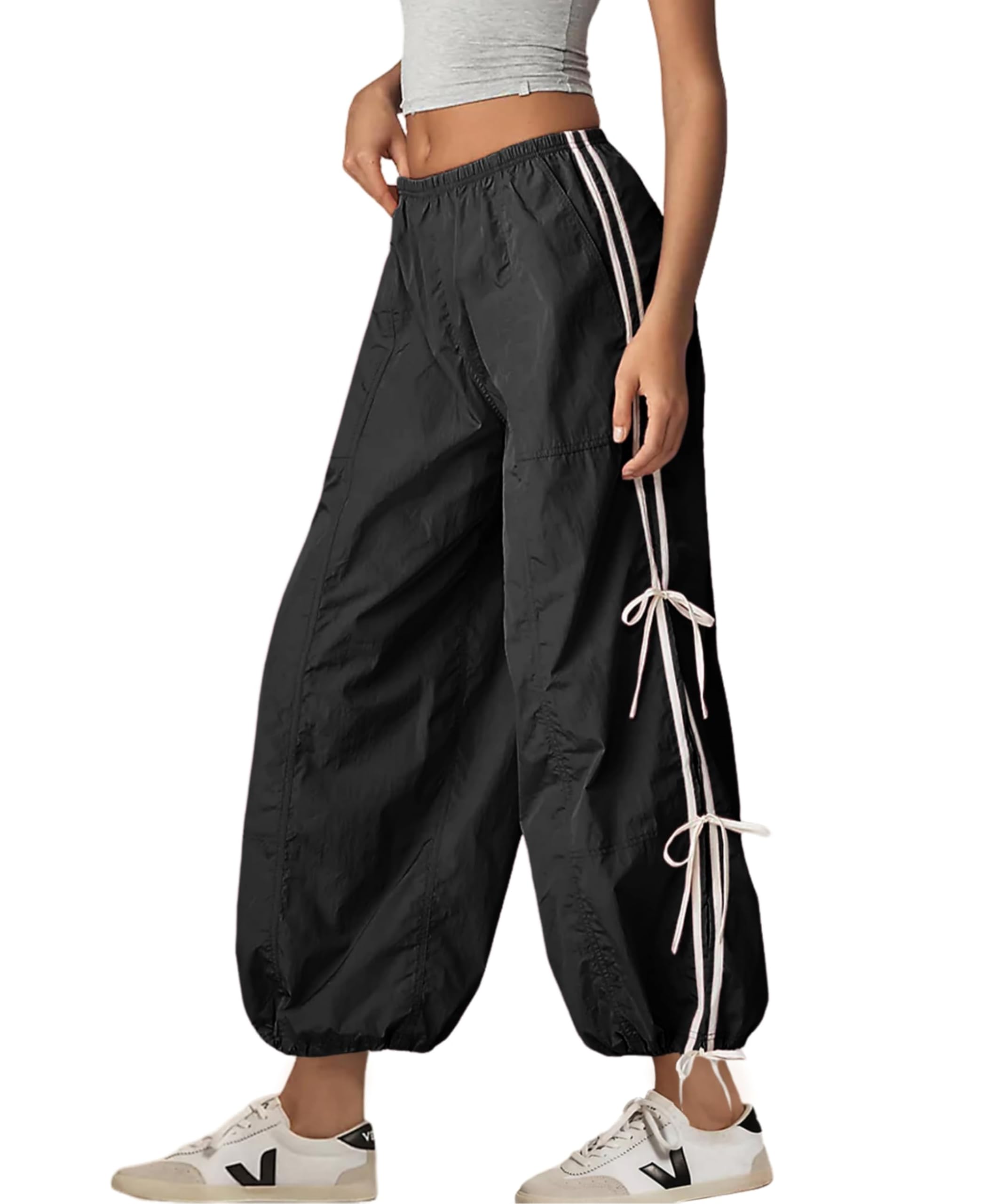 OPCAKM Women's Baggy Pants Elastic Waist Striped Track Sweatpants Parachute Pants(Black-S)