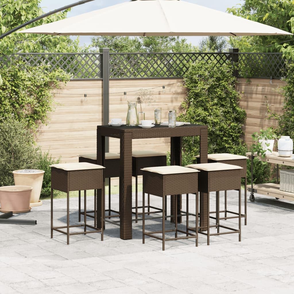 Juego de Bar de jardín de 7 Piezas con Cojines, ratán PE marrón Resistente, Estructura Acero, Mesa 100x60,5x110,5 cm, 6 taburetes con Funda Lavable para terraza, Patio y Porche