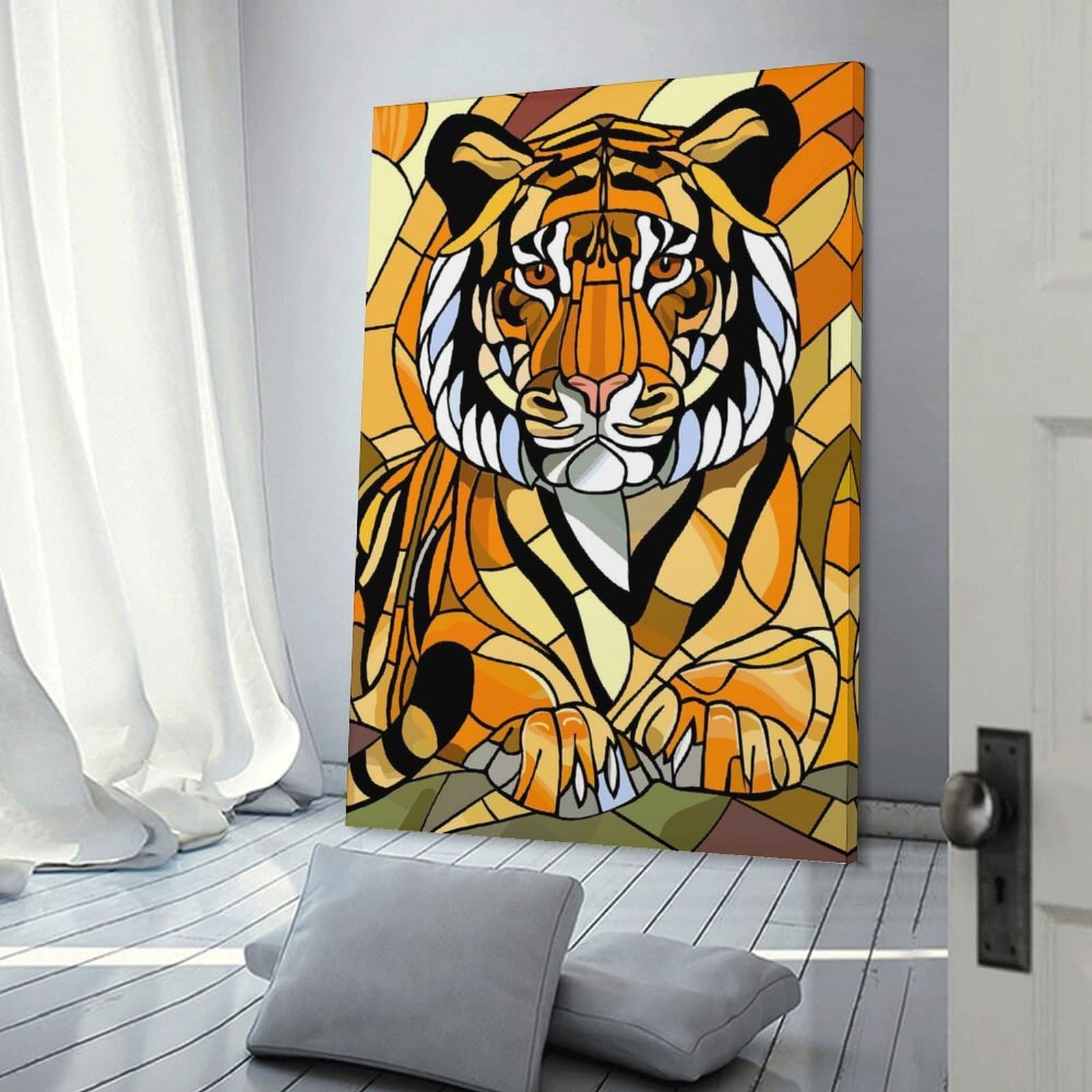 Junmoney Stained Glass Tiger Portrait Decorative Canvas Print, 16x24inch(40x60cm), for Gallery Wall Decor And Room Displays, Wall Decor Suited to Curated Displays