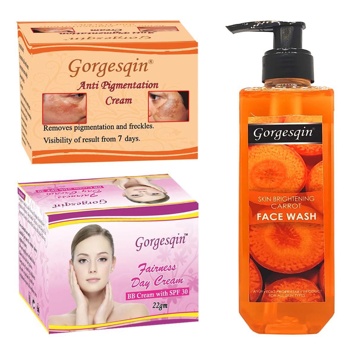 GORGESQIN Anti Pigmentation Cream 10 G, Removes pigmentation from 7 days, Beauty Day Cream 22 G, Carrot Face Wash 200 ML