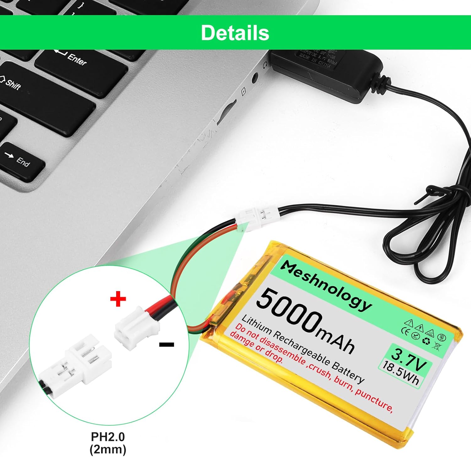 3.7V 5000mAh Li Battery with USB Charger Cable 105080 1S LiPo Battery with Protection Board Insulated Rubber Tape and PH 2.0 Plug for Arduino ESP32 Module Board Drone RC Car (1Pack)