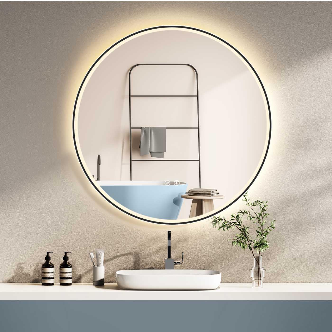 HOKO Wandspiegel Rund 80cm Badspiegel Beleuchtung mit Anti-Fog+Rahmen+Touch Schalter Memory+Licht Wechsel 2700-6500K Warmweiß-Kaltweiß-Neutral