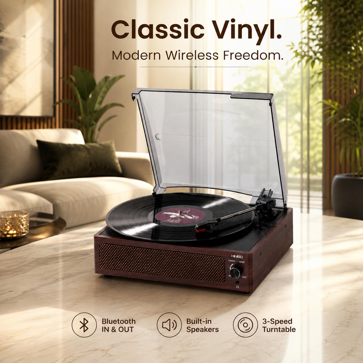 HINISO Bluetooth Vinyl Record Player T516 with Bluetooth Input & Output | 3-Speed Turntable (33/45/78 RPM) | Built-in Speakers | RCA, AUX, Headphone Jack | Vintage Wooden Finish with Dust Cover — Amazon image 5