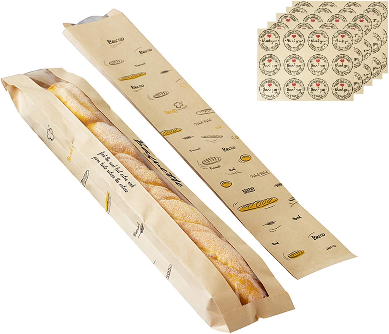 50 Pack Baguette Bread Fresh Kraft Paper Bag, Bread Loaf Packing Bags with Front Breathable Hole Window (4"x 1.6"x 23.6") and 60 Pack Seal Stickers