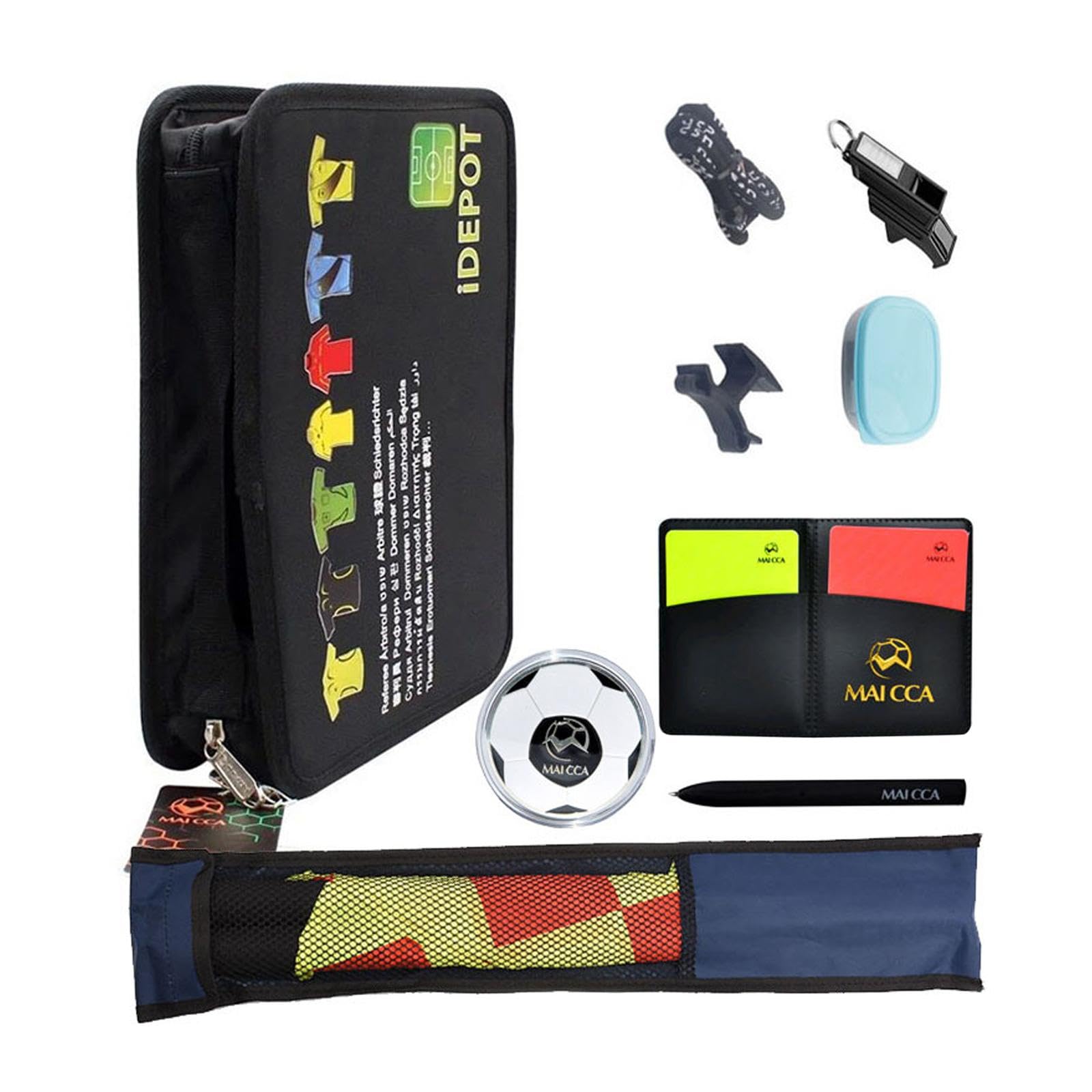 Soccer Referee Pouch Borsa Accessori Arbitro con Chiusura Lampo Fischietto Professionale Bandiera Linea Cartellini Rossi E Gialli Materiale Super