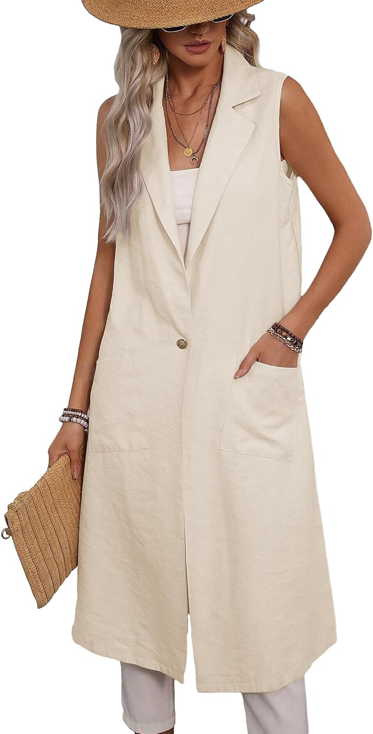 Mina Self 2025 Summer Sleeveless Long Linen Blazers Jacket Women Lightweight Fashion Casual Work Outerwear with Pockets - Image 3
