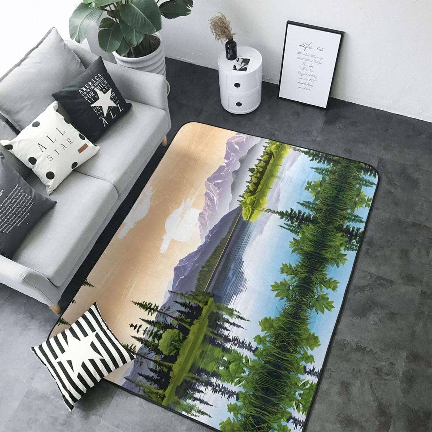 Flannel Non-Slip (Mountain Lake View Sunny Day Nature) Rug Pad 80×50in Soft Washable Protective for Hardwood Floors Bedroom Bathroom Living Room