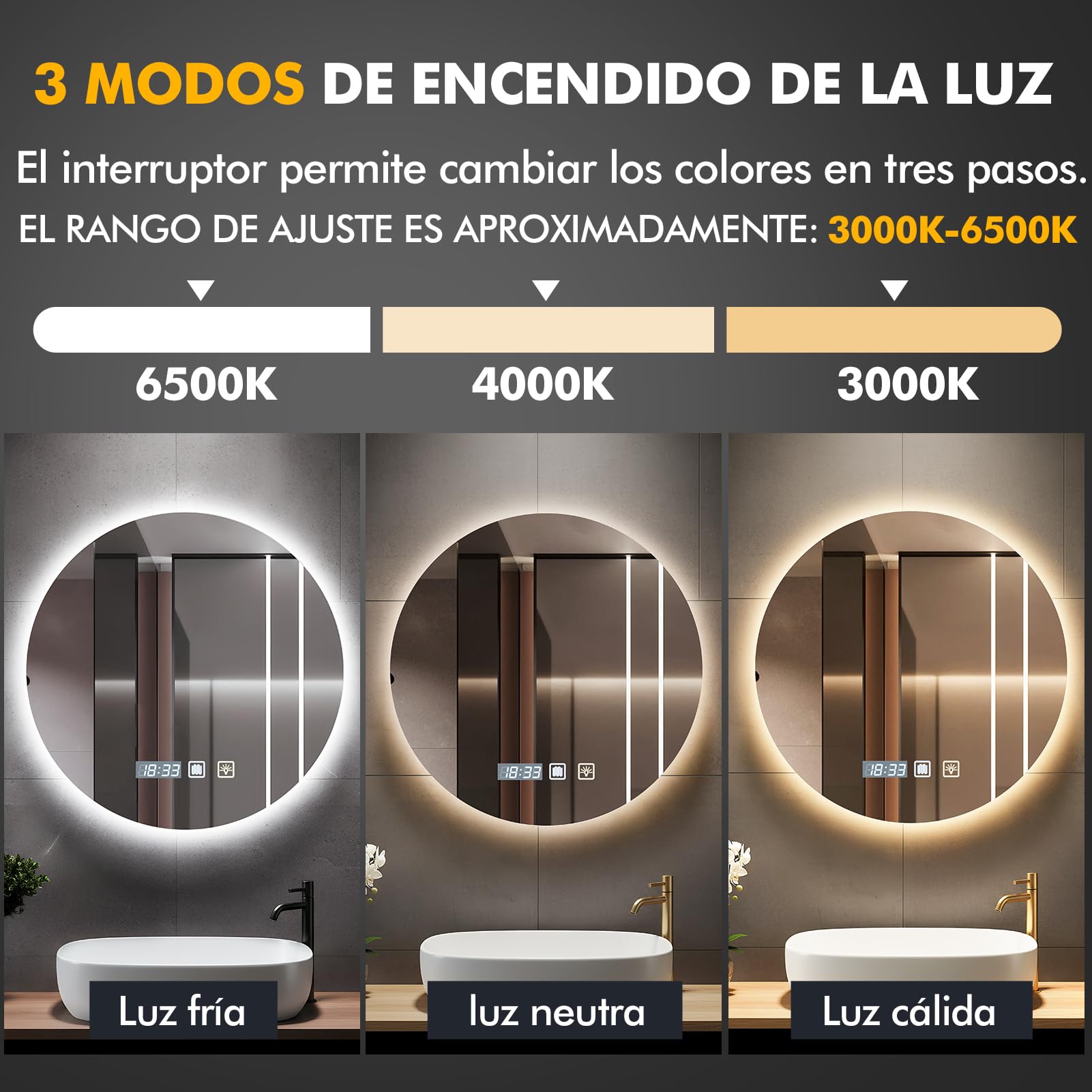 Espejo de Baño Iluminado con LED 60 x 60 cm,Espejo Baño LED Antivaho,Espejos Bano con Luz Regulable de 3 Colores,Ajuste de Brillo, Interruptor Táctil, Espejos de Bano con Luz LED Retroiluminadas