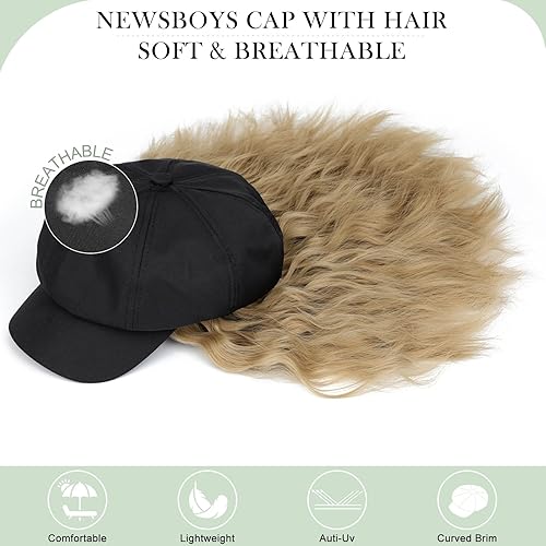 Miniatura 4 de Lansigreen Newsboy - Gorro con extensiones de cabello, corto, rizado, ondulado, estilo Bob, peluca estilo Boina, 8 paneles unidos de 14 pulgadas,