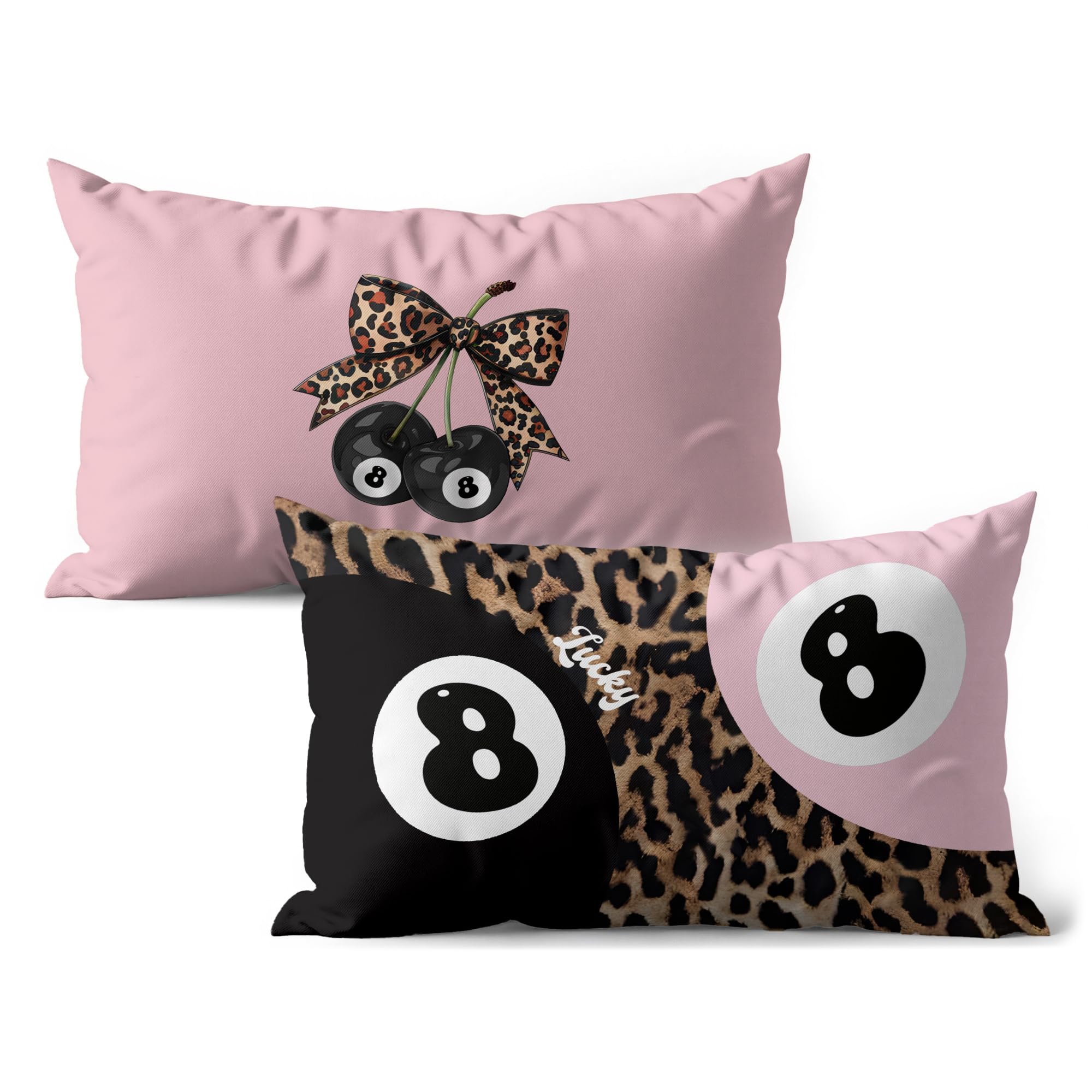 GTYNU Trendy Funky Y2K Pink 8 Ball Pillow Covers 18x18 Set of 2, Cheetah Leopard Cherry Decorative Throw Pillowcases for Couch Sofa Bed Room Decor