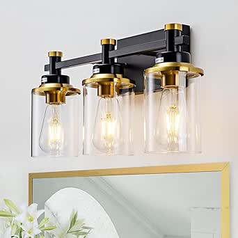 Aixialin 3 Light Bathroom Light Fixtures, Black and Brushed Gold Vanity ...