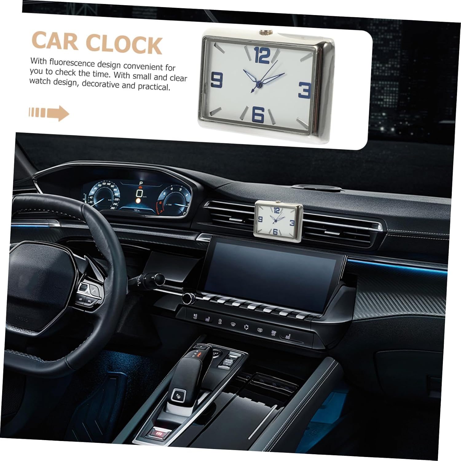 Luxshiny Tiny Analog Square Car Clock with Adhesive for Dashboard Compact Decorative Inner Ornament for Vehicle Easy Installation and Practical Reminder
