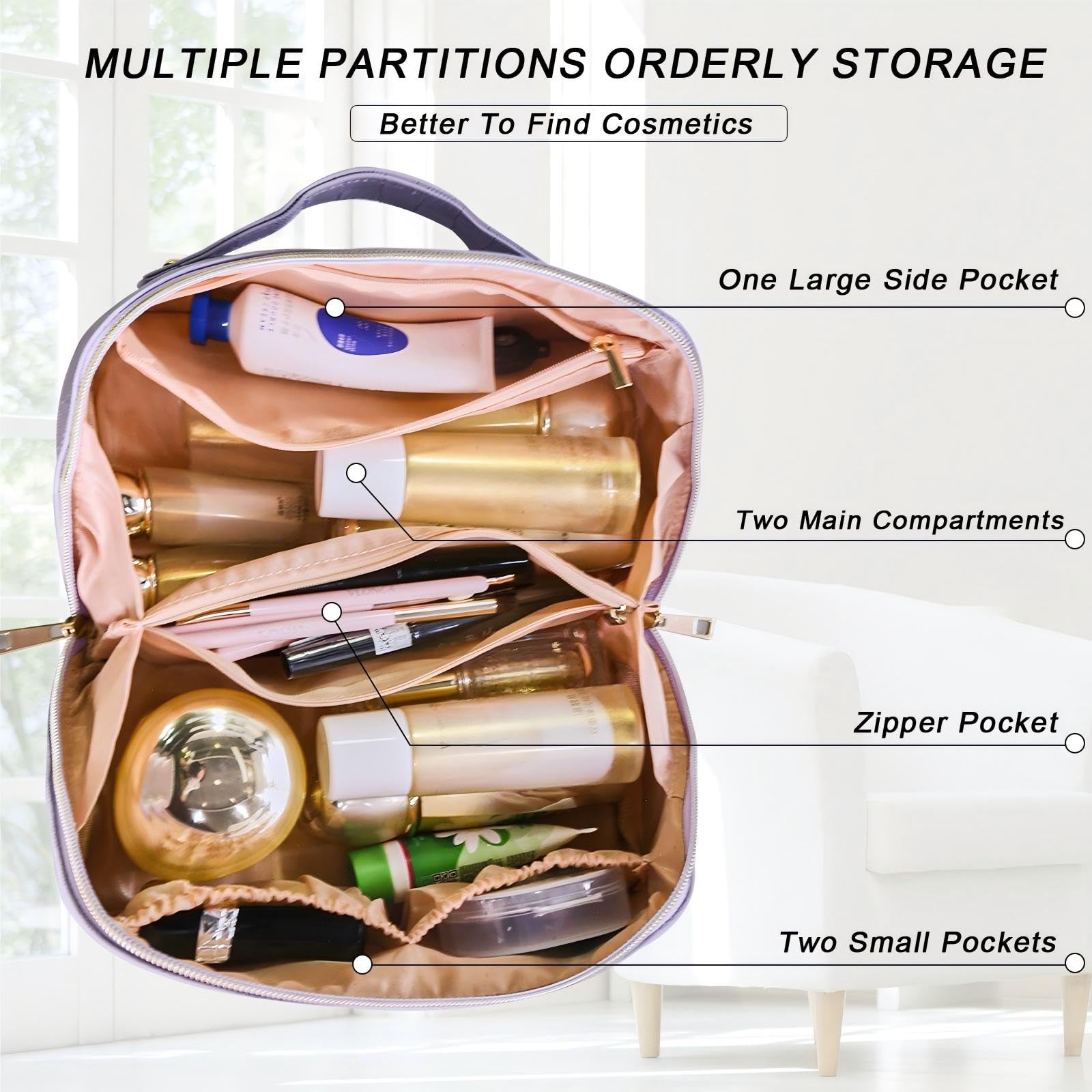 Borsa Cosmetica da Viaggio Beauty Case Da Viaggio Donna Impermeabile Portatile,Beauty Case Donna Di Grande Capacità Con Scomparti (Viola Chiaro)