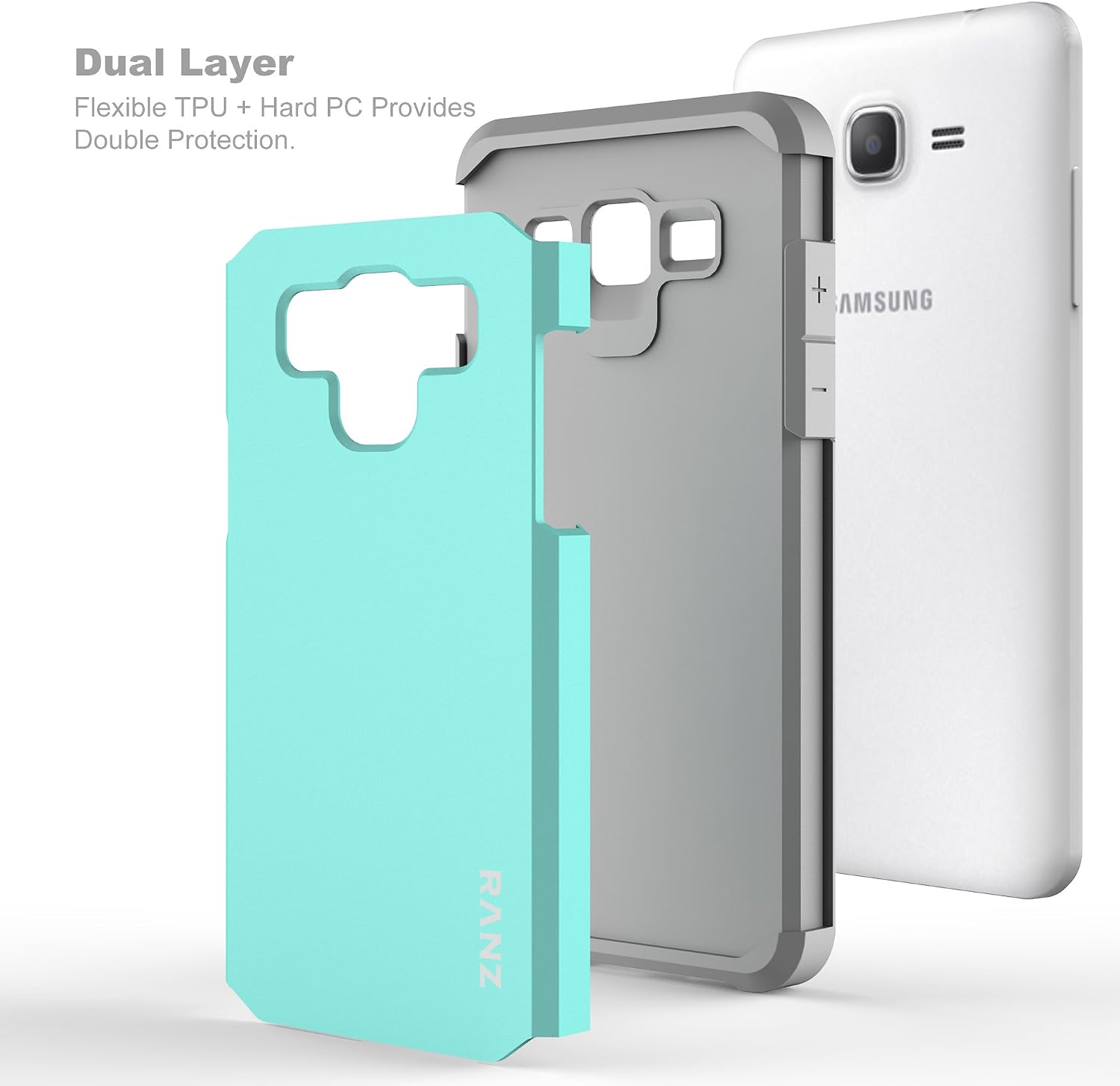 RANZ Case, Grey with Aqua Blue Hard Impact Dual Layer Shockproof Bumper Case For Samsung Galaxy Grand Prime G5308 / G530H
