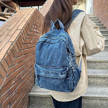 Vintage Denim Backpack Women Men - Cute Y2k Jeans Bookbag Preppy Fashion Travel Retro Rucksack Daypack Shoulder Bag (dark blue)