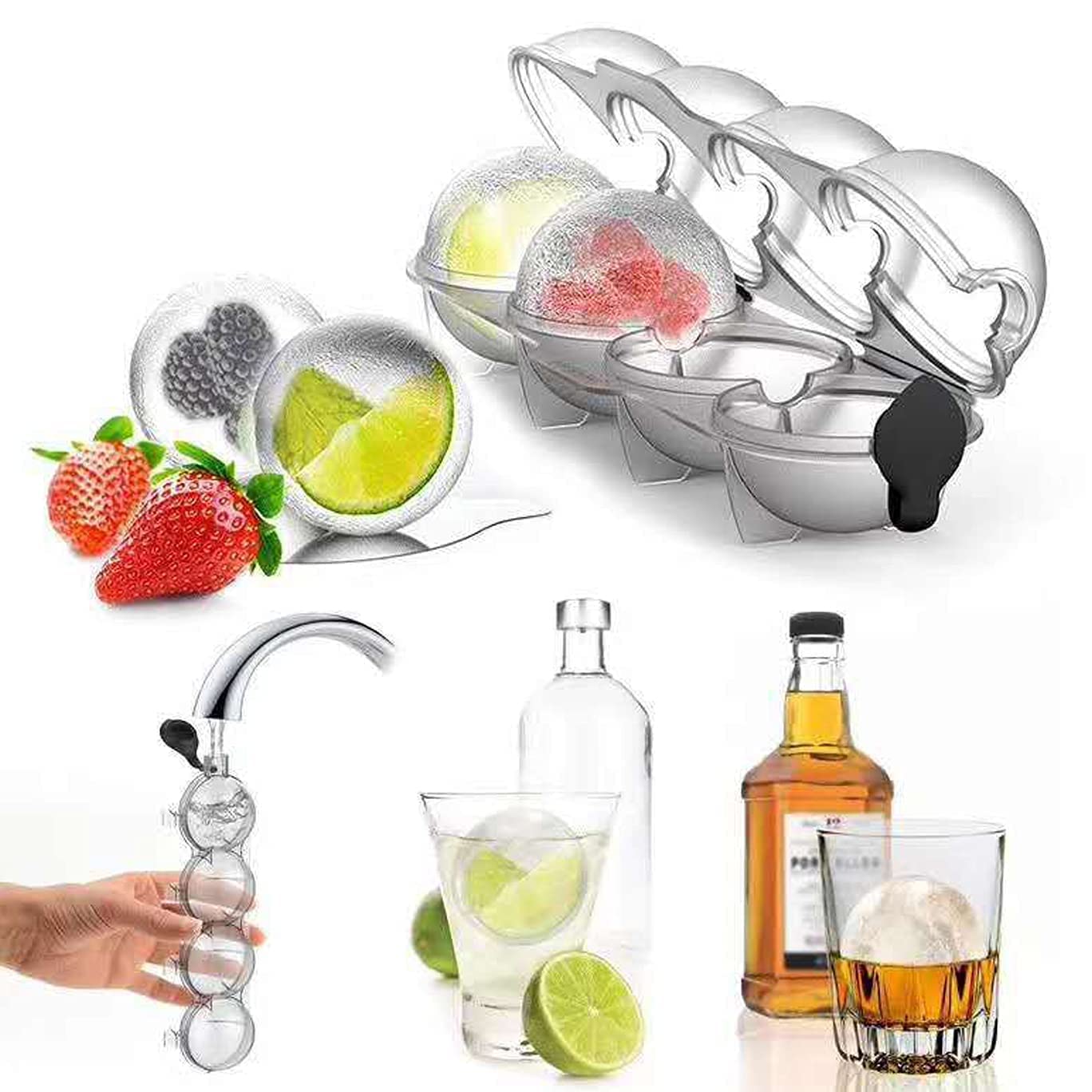 VAKHAR Flexible Silicone Spherical 4 Round Ball Ice Cube Tray Maker Mold with Lid Perfect Ice Spheres for Whiskey Lovers Cocktails Fruit Popsicle and Keep Drinks Chilled