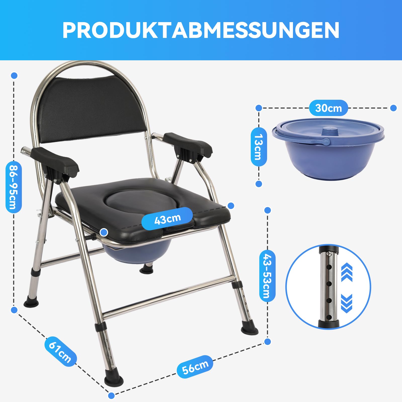 Toilettenstuhl klappbar für Senioren – 2-lagiges dickes Sitzkissen, breiter Edelstahlrahmen, höhenverstellbar, bis 200 kg belastbar, fahrbarer Duschstuhl & Toilette (Schwarz)