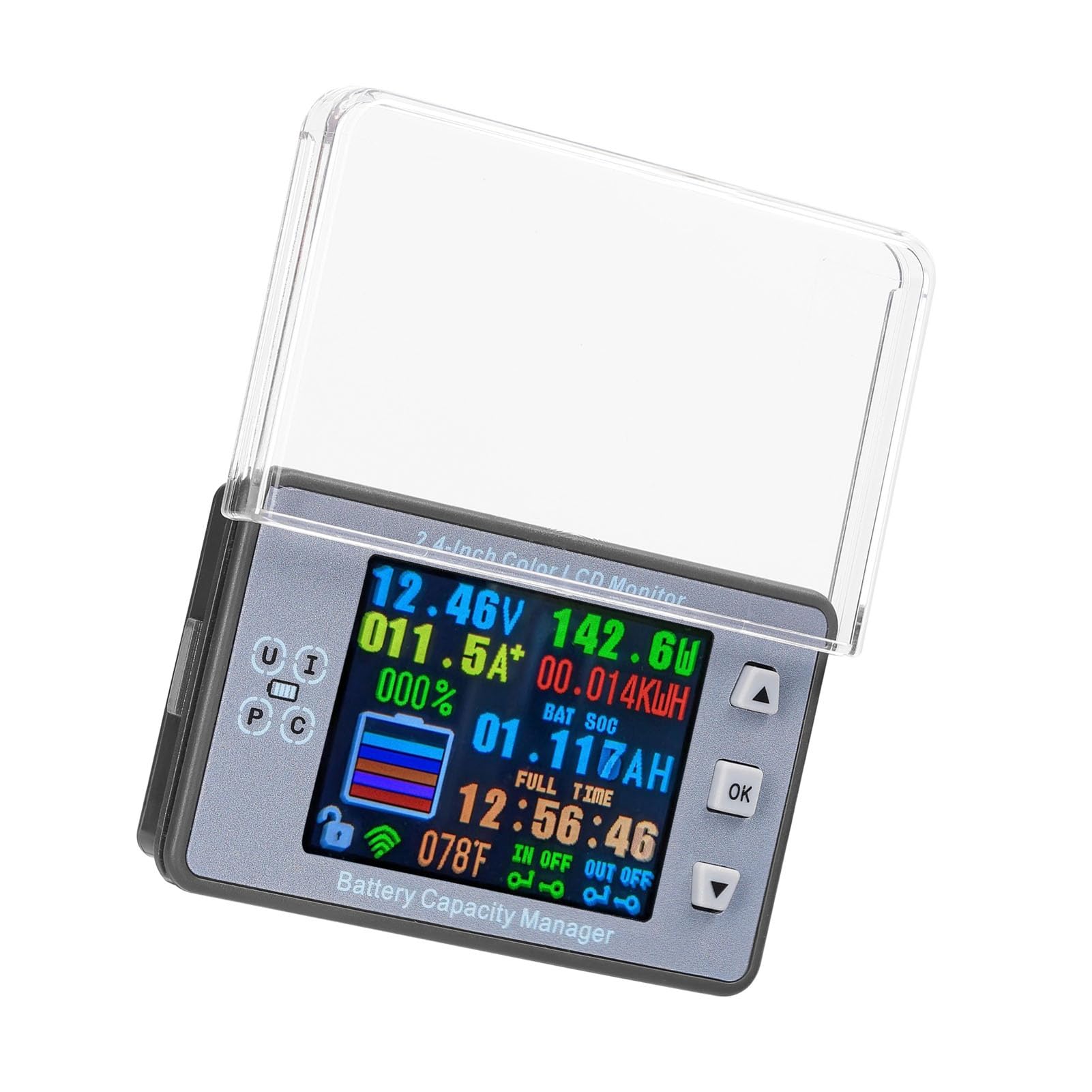 Probador de capacidad de batería, medidor de temperatura de potencia de corriente de voltaje Lcd a Color de 2,4 pulgadas para monitoreo y detección precisos de la batería (with waterproof cover)