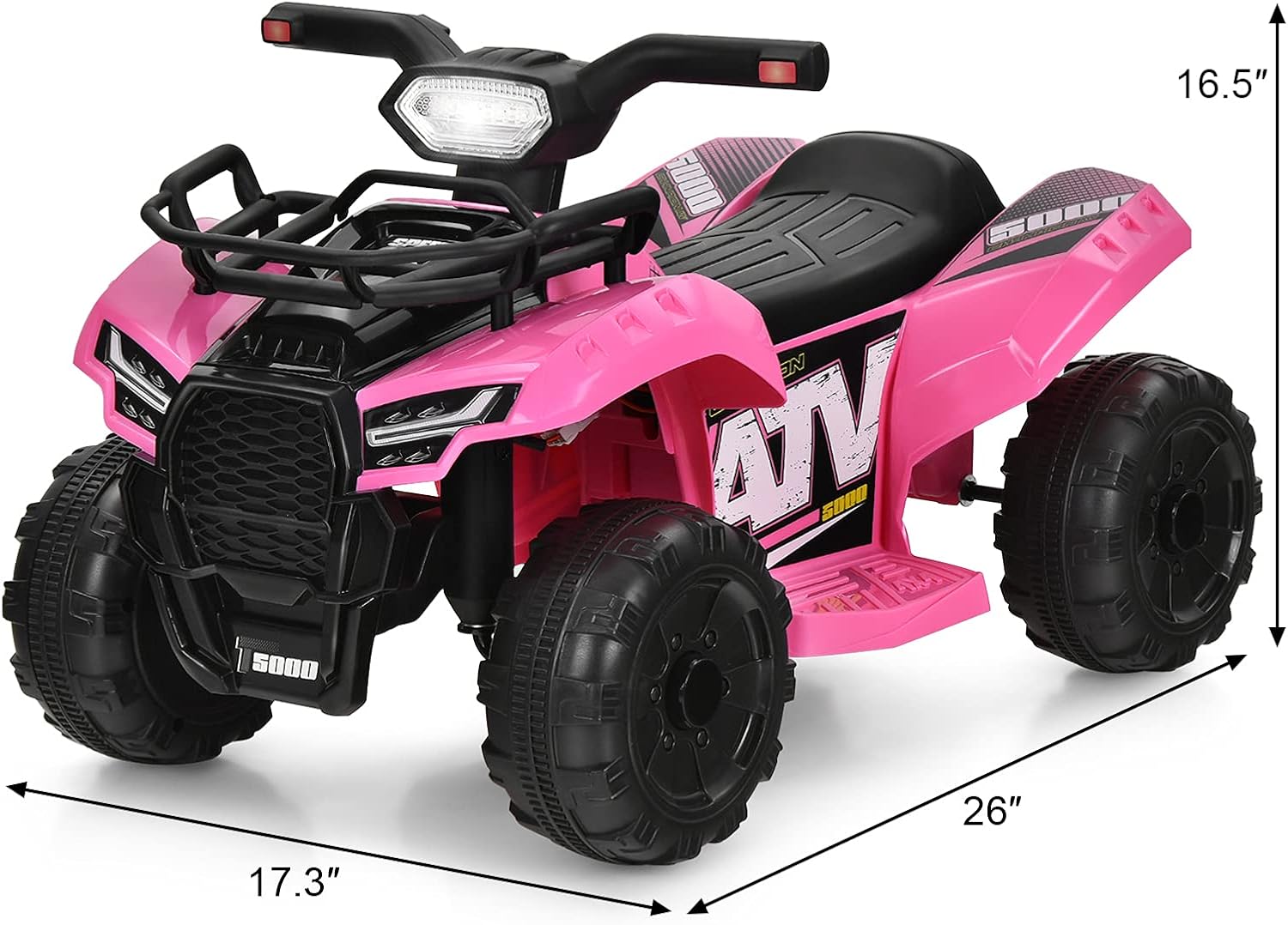 Costzon Kids ATV, 6V Battery Powered Electric Vehicle Four Wheeler Quad w/Storage Basket, Headlight, Horn, Music, MP3 & USB, Toddler 4 Wheeler Ride on Car Toy for Boys Girls 18-36 Months (Pink)