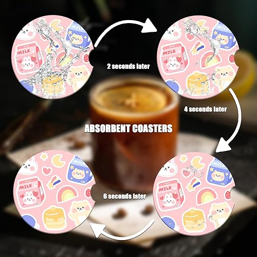 Miniatura 6 de Posavasos para Portavasos de Automóvil - Posavasos de Cerámica Absorbente de Conejo Fresa con Leche, Paquete de 2, Posavasos para Portavasos de