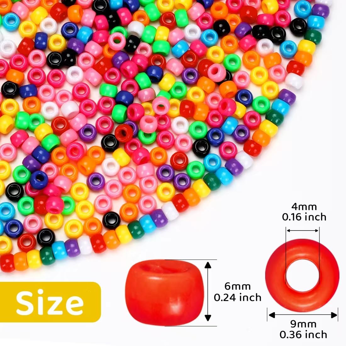 Bundooraking 1100pcs Pony Beads Bulk, Plastic Beads in 11 Colors for Bracelets, Jewelry Making, Crafts, Hair Braiding, Keychains & DIY Projects（6x9mm）