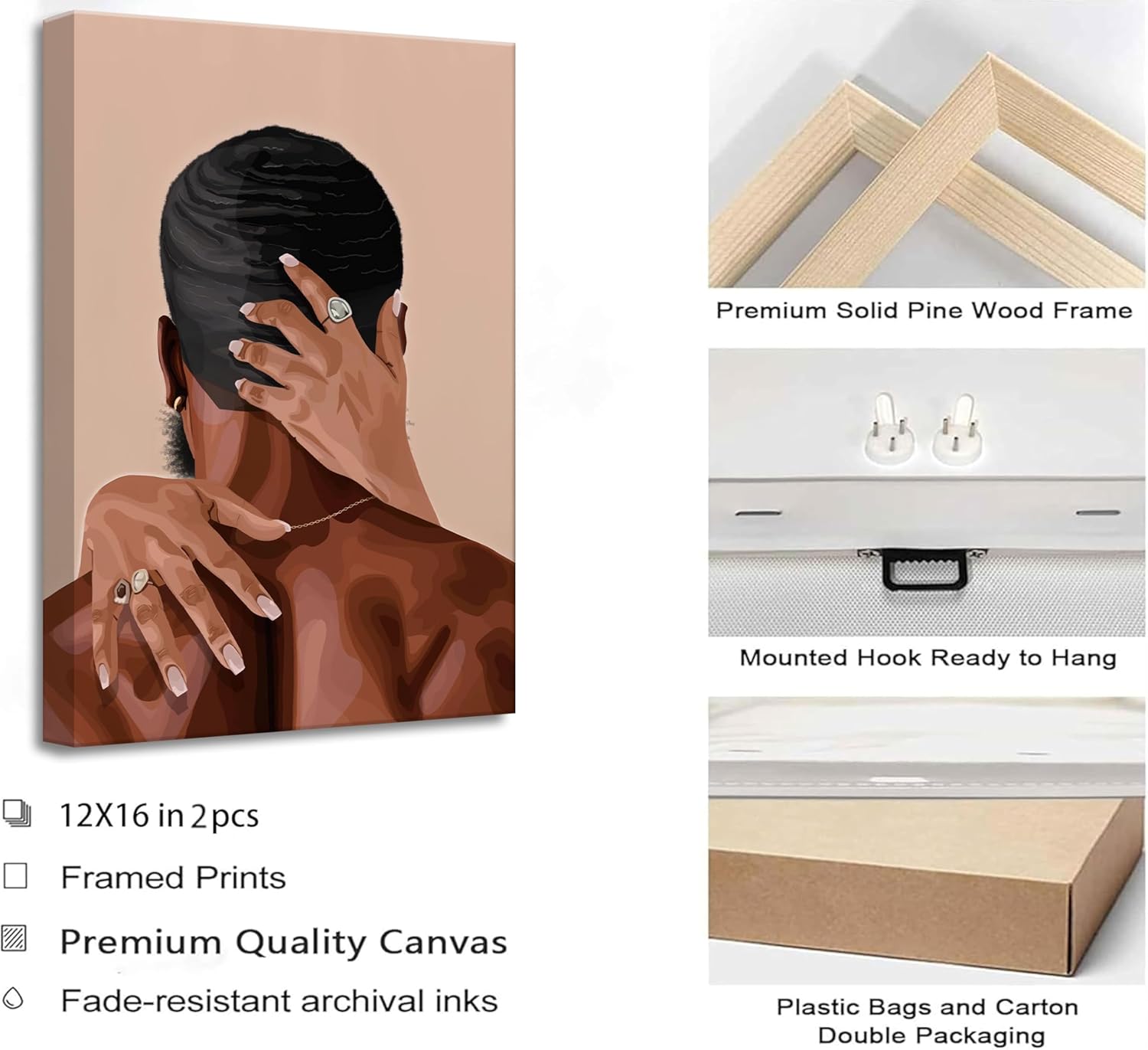 2 Pcs Afro Black Couple Canvas Wall Art African American Women Men Black Love Pictures Wall Decor Black Girl Poster Print Artwork for Bedroom Living Room Bathroom Office Home Decoration