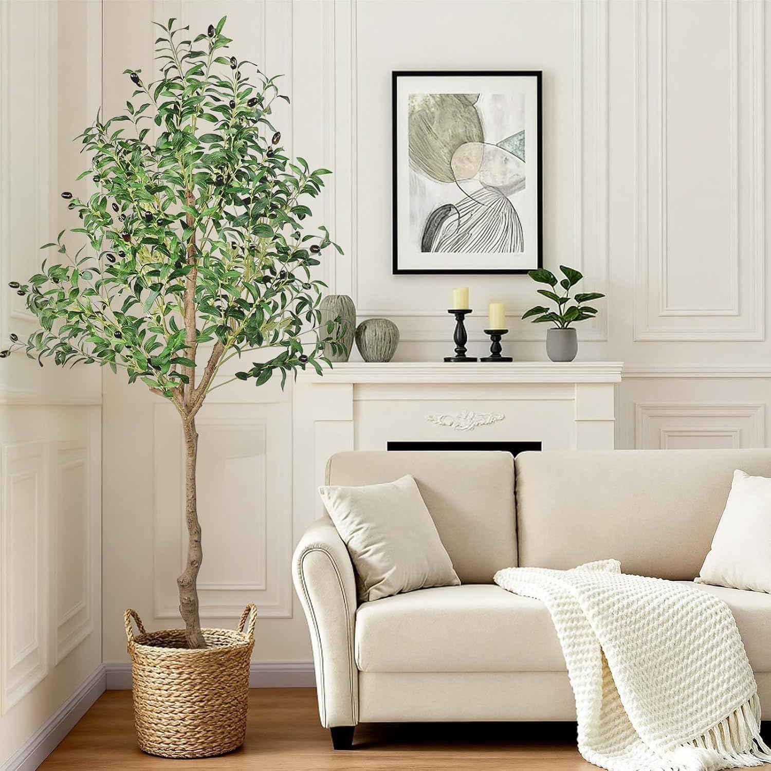 ANTING 6FT Faux Olive Tree, Artificial Olive Trees Indoor with Natural Wood Trunk & Lifelike Fruits, Fake Silk Plant with Pot, Realistic Leaves Artificial Tree for Bedroom, Living Room, Office Decor